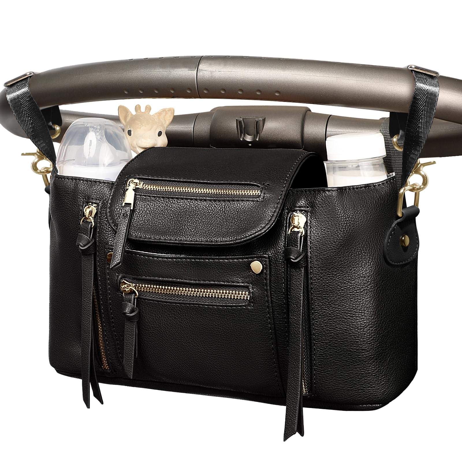 miss fong Kinderwagen-Organizer mit isoliertem Getränkehalter, Zubehörtasche, Kinderwagen-Caddy mit verstellbarem Riemen, passend für alle Kinderwagen (schwarz)