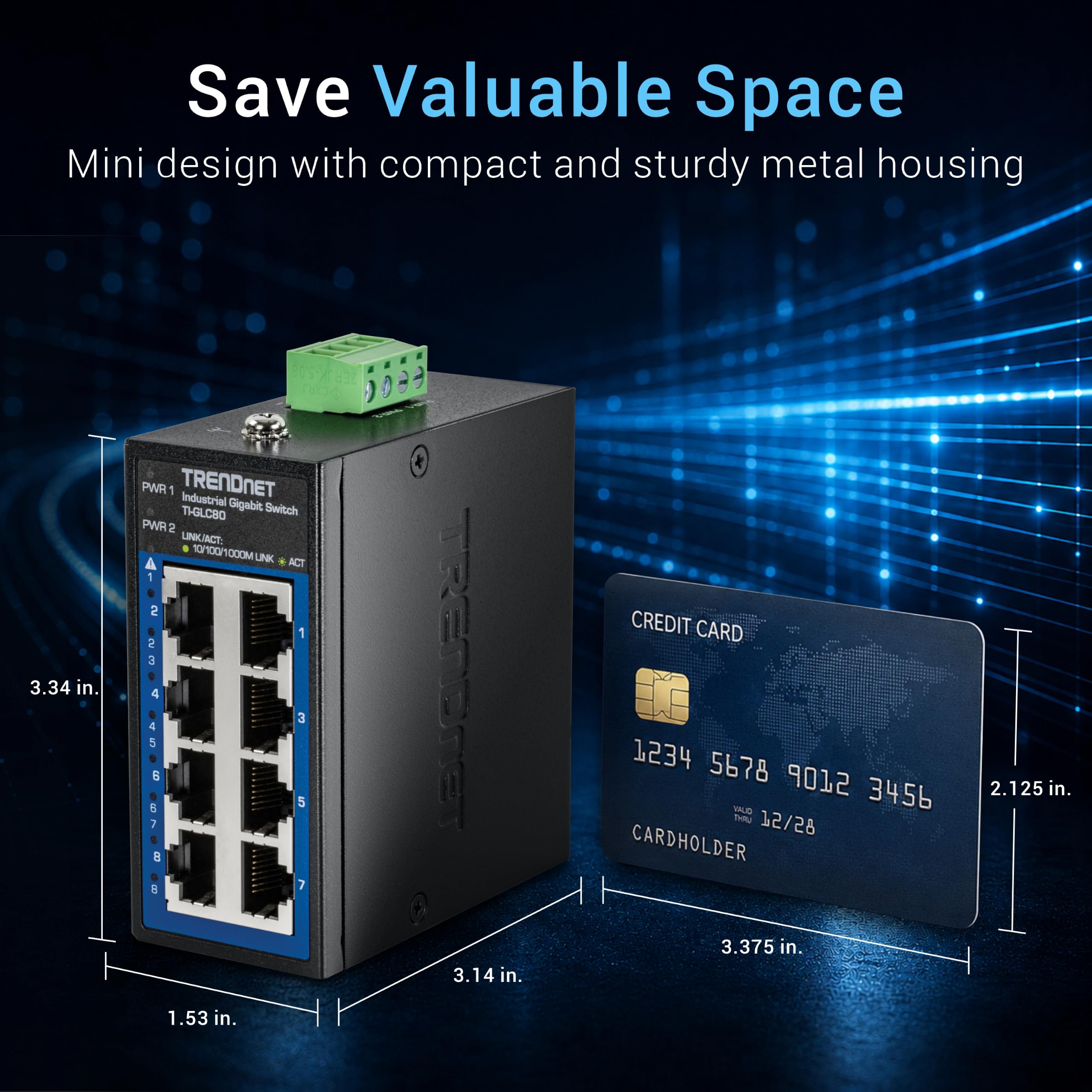 TRENDnet Mini commutateur Industriel Gigabit DIN-Rail 8 Ports, TI-GLC80, 8 Ports Gigabit, température extrême IP30, capacité de Commutation 16 Gbit/s, Noir