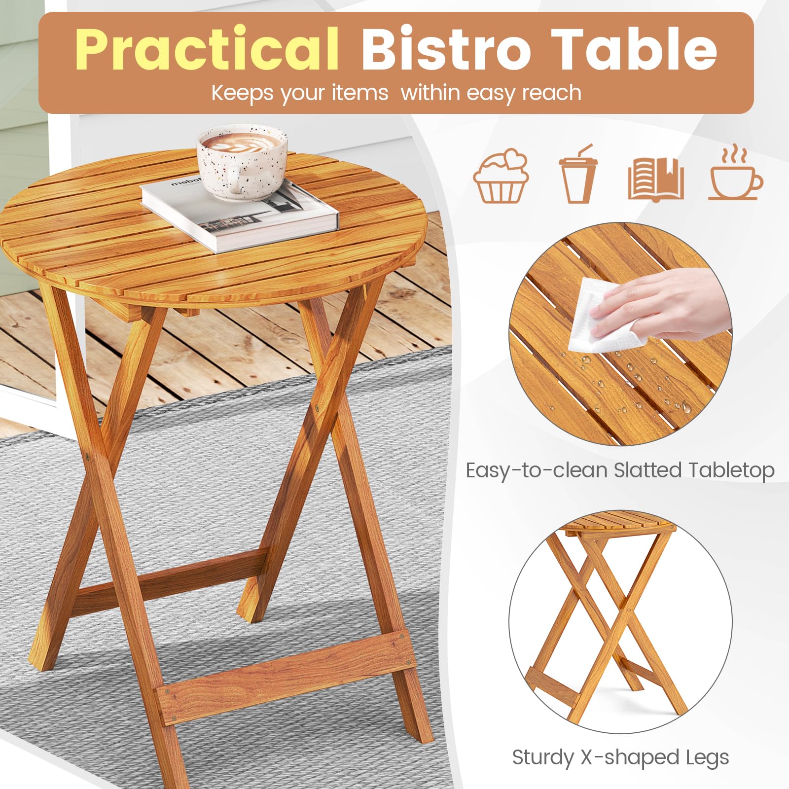 GIANTEX Meble balkonowe, mały balkon, okrągły stół bistro z 2 krzesłami, składany, zestaw mebli ogrodowych z drewna, 3-częściowy, zestaw balkonowy, zestaw bistro, do użytku na zewnątrz, meble tarasowe