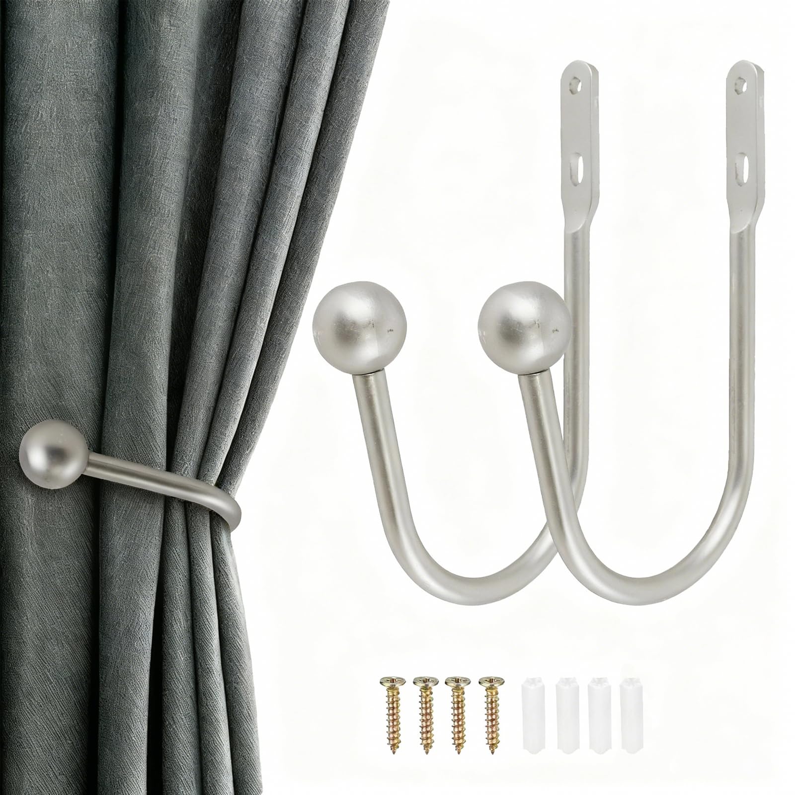 2PCS Curtain Tie Backs, Curtain Holdbacks Wall Mounted Window, Retro U-Shaped Wall Mounted Metal Hooks Decorative Drapery Holder with Screws for Bedroom Fixed Curtains or Hanging Items(Silver)