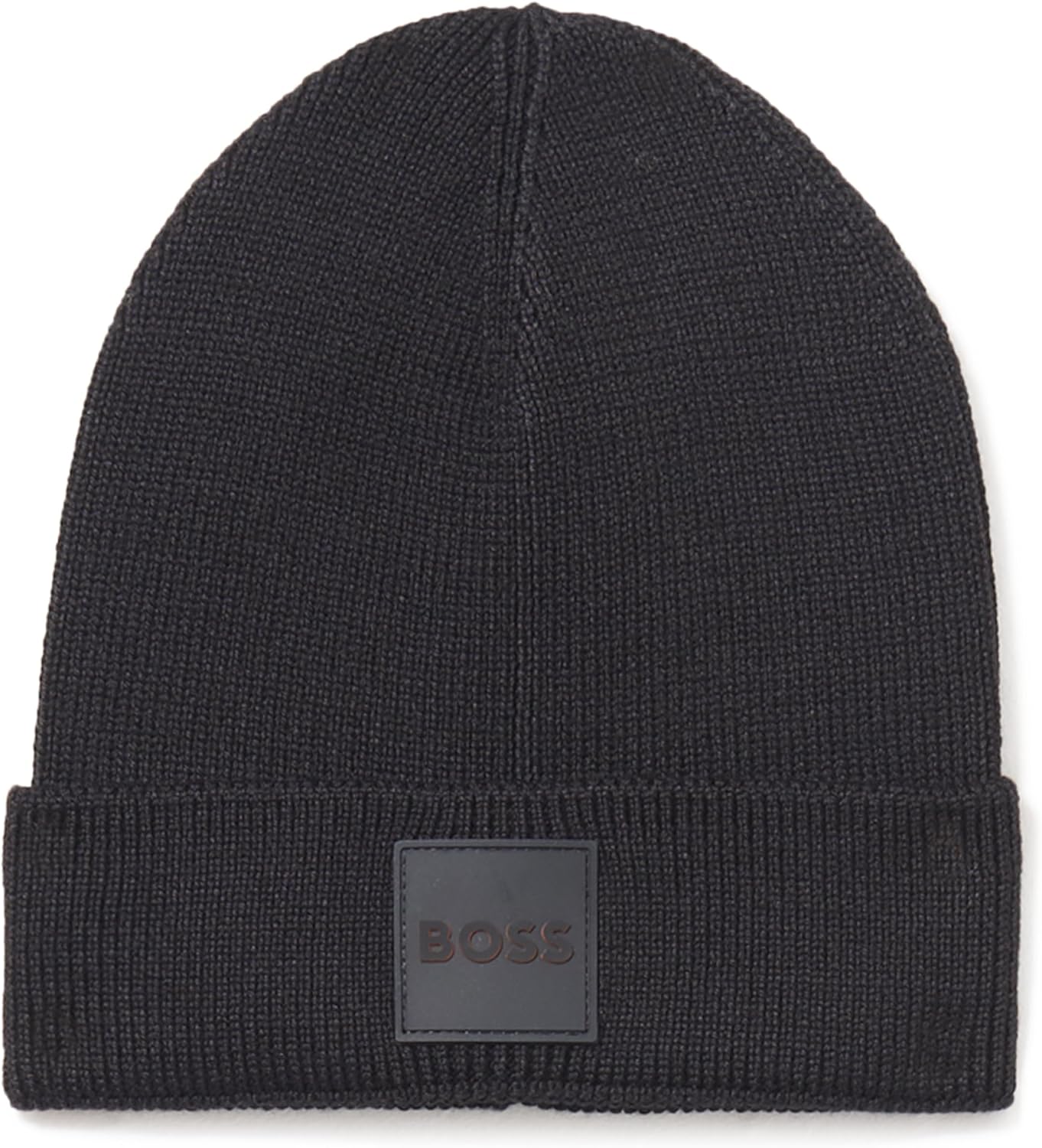 BOSS Men's Ribbed Beanie with Felt Woven Center Logo