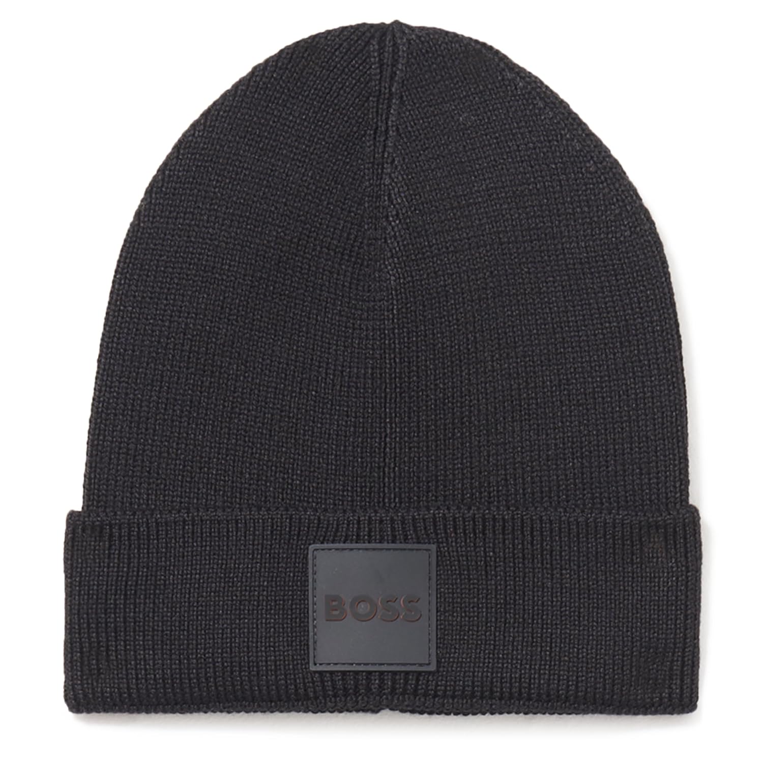 BOSS Mens Ribbed Beanie with Felt Woven Center Logo