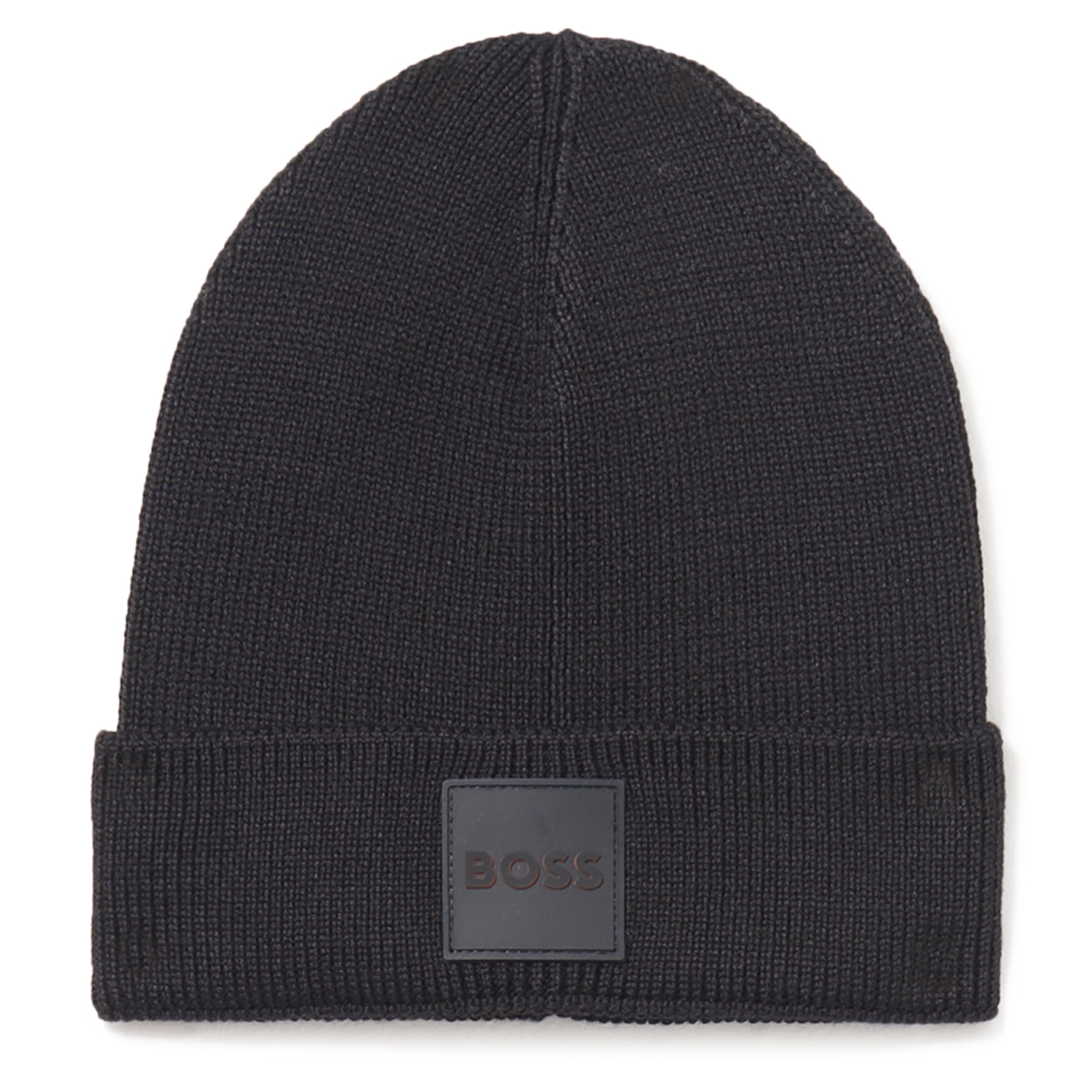 BOSS Mens Ribbed Beanie with Felt Woven Center Logo
