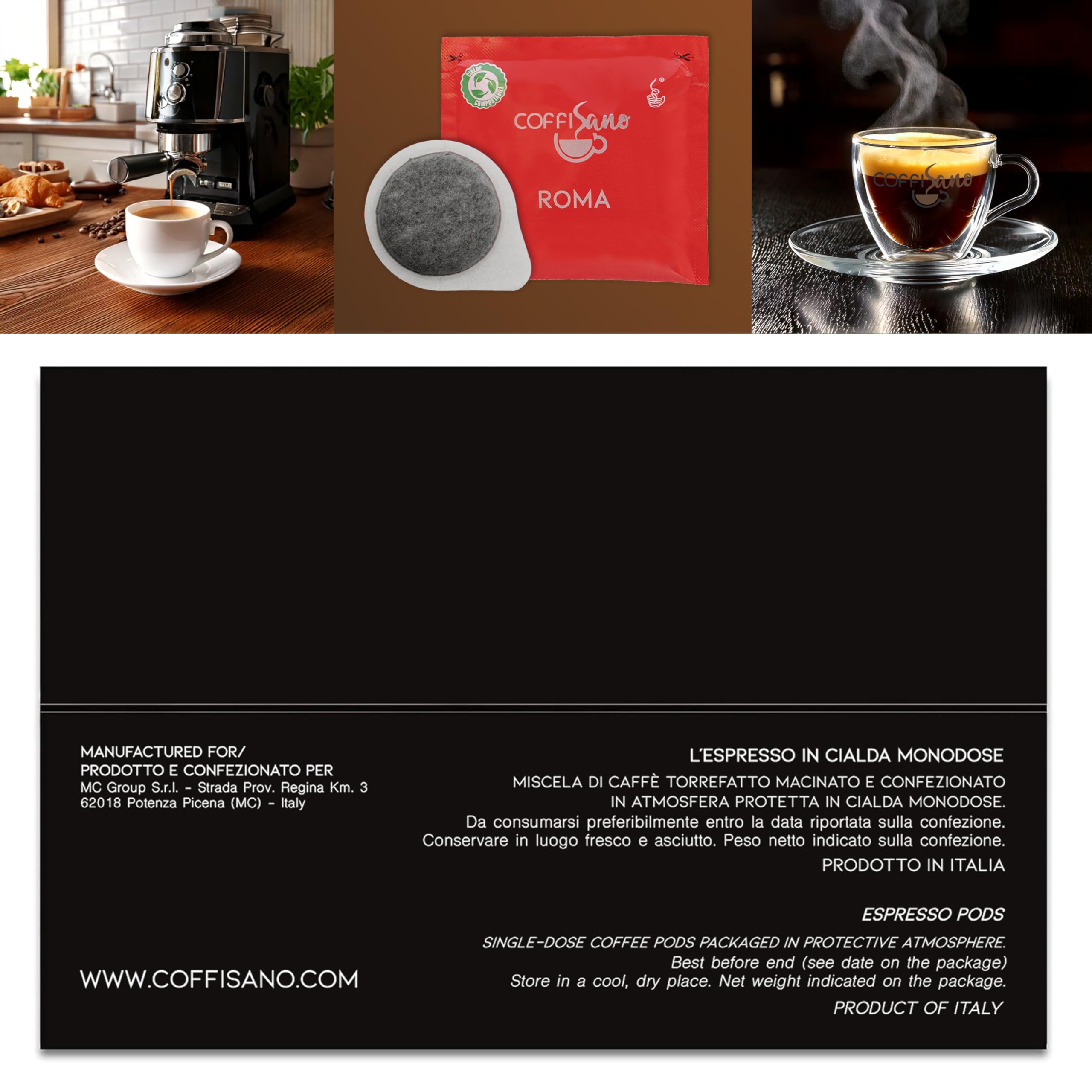 COFFISANO 50 Cialde Caffè in Filtro Carta Compostabile ESE 44 mm Miscela Roma, Bustine Espresso Italiano Monodose – Gusto Cremoso ed Equilibrato (Confezione da 4)