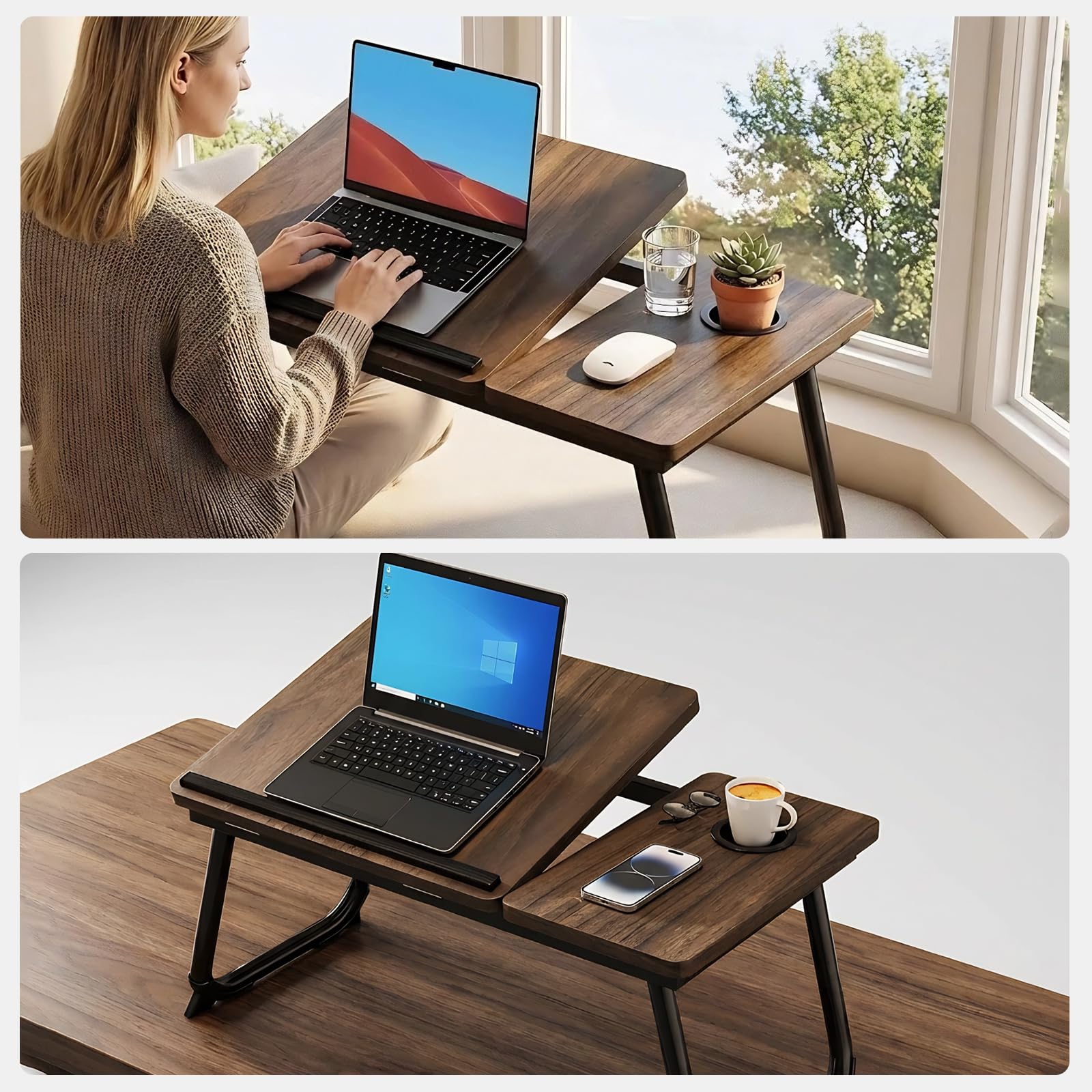 Table Pliable pour Ordinateur Portable et Petit Déjeuner au Lit - Réglable et Ergonomique - Marron