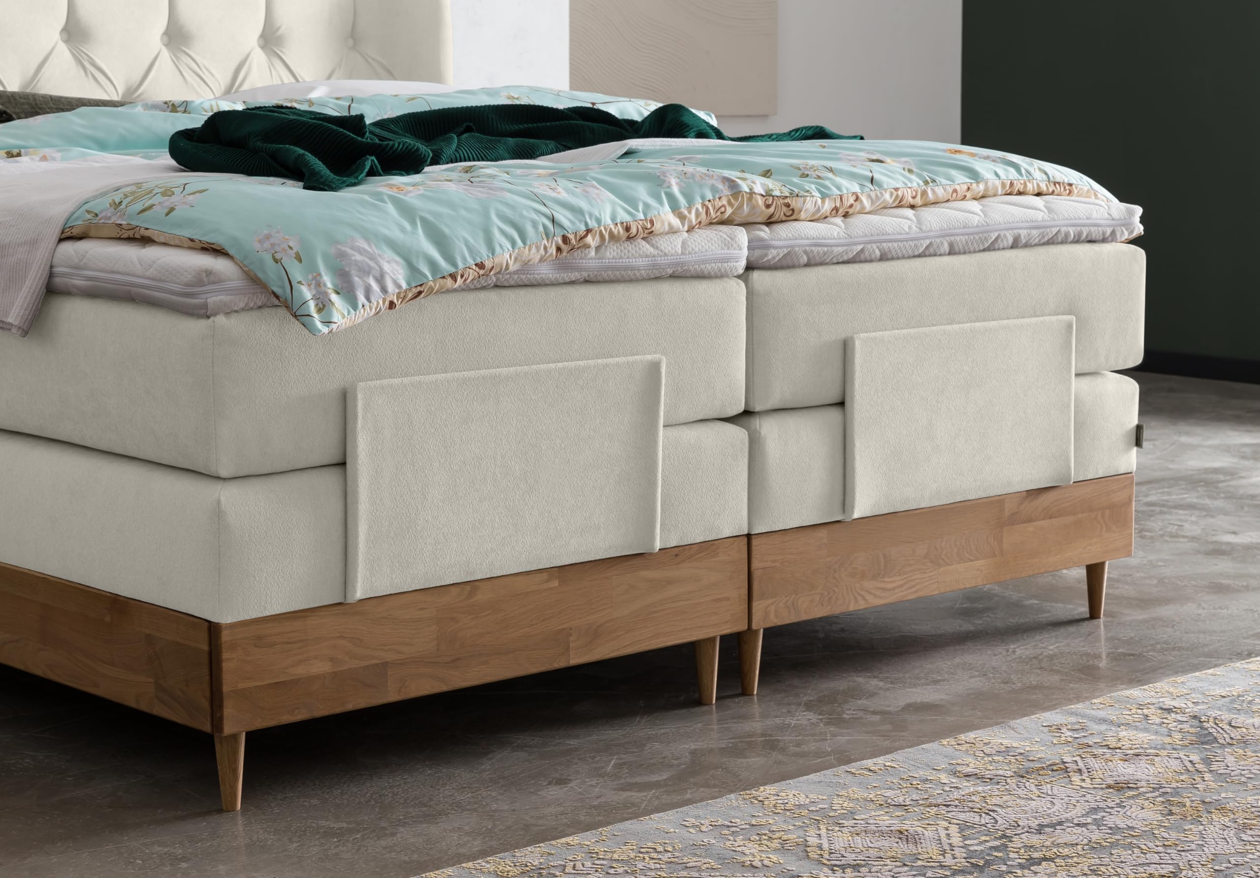 Belanoti EON Boxspringbett 180x200 elektrisch verstellbar 7-Zonen Taschenfederkern Matratze inkl Visco Topper Bett 180x200 mit Motor in der Farbe Beige H2/H3 Polsterbett Motorbett Massivholz Eiche
