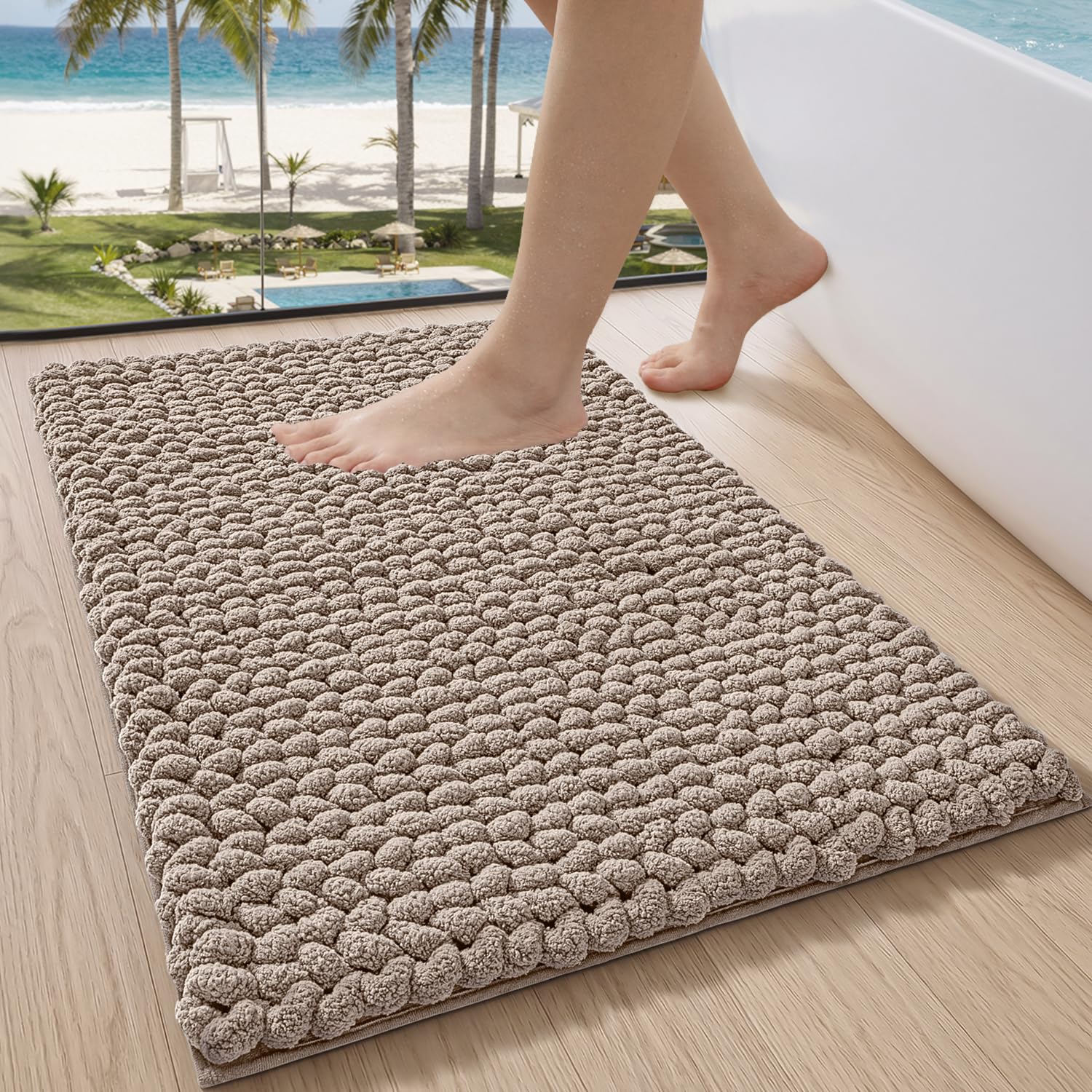 LUMI Luxury Chenille Bath Mat, Ultra Soft Non Slip Thick Bathroom Rug, Machine Washable Quick Dry Rugs, Cozy Braid Design Floor Mat for Bathtub, Sink, Laundry, Beige, 60x90cm