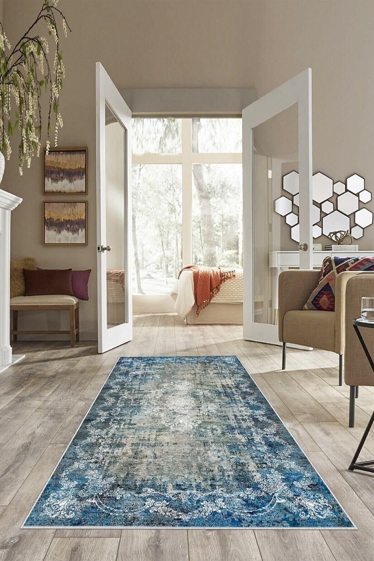 Pelangi Mavi Zemin Çiçek Desenli Yıkanabilir Kaymaz Taban Leke Tutmaz Modern Salon Halısı Ve Yolluk, Mavi-Gri 180 x 300, 74571213180300728