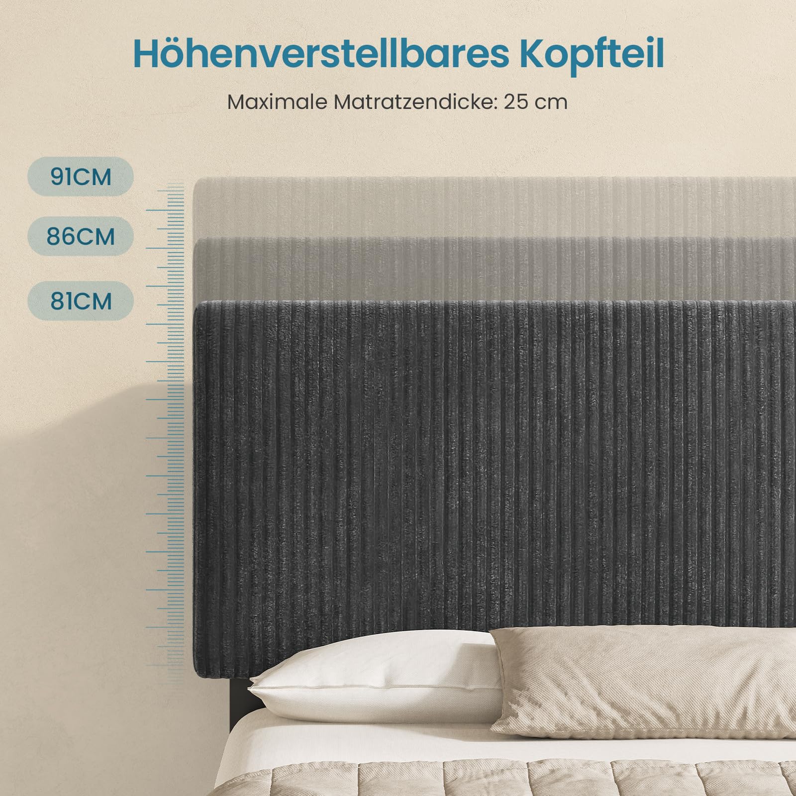 KIMENICH Polsterbett 90x200cm mit Hydrauliksystem & Stauraum, Stauraumbett mit Höhenverstellbarem Kopfteil, Bettgestell 90x200cm mit Smart LED, Bett mit Ladestation,Gestreifter Samt,Grau