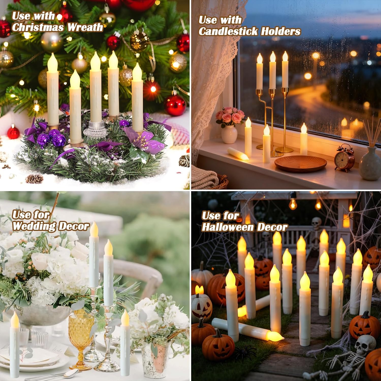 Lezonic Flameless Battery Operated Candlesticks Flickering, 24Pcs White LED Battery Christmas Window Candles, 6 Inch Short Taper Candles Hanging Halloween Floating by Touch, No Remote