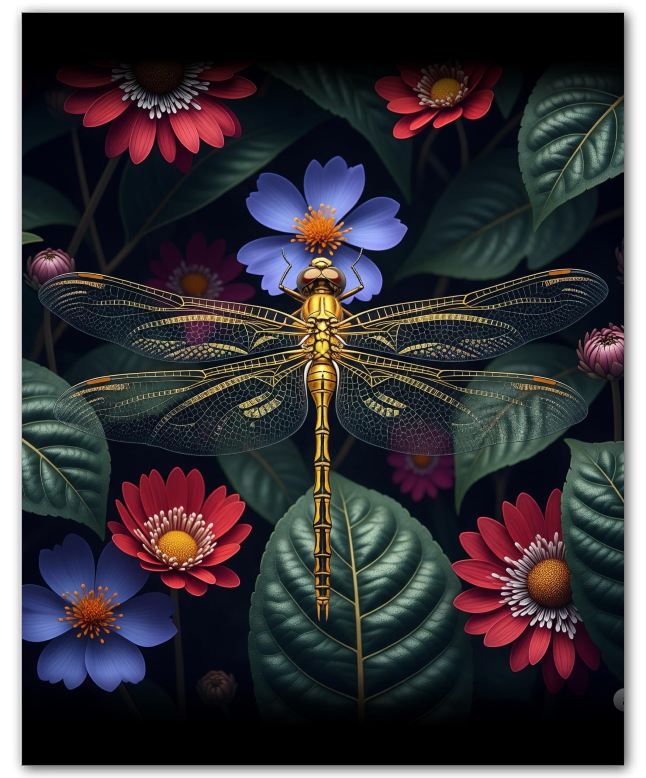 ZUKIY Dragonfly Flowers Wall Art - 8x10 Inch Unframed Nature Print for Living Room - Botanical Vintage Style Wall Decor - Dragonfly and Floral Artwork