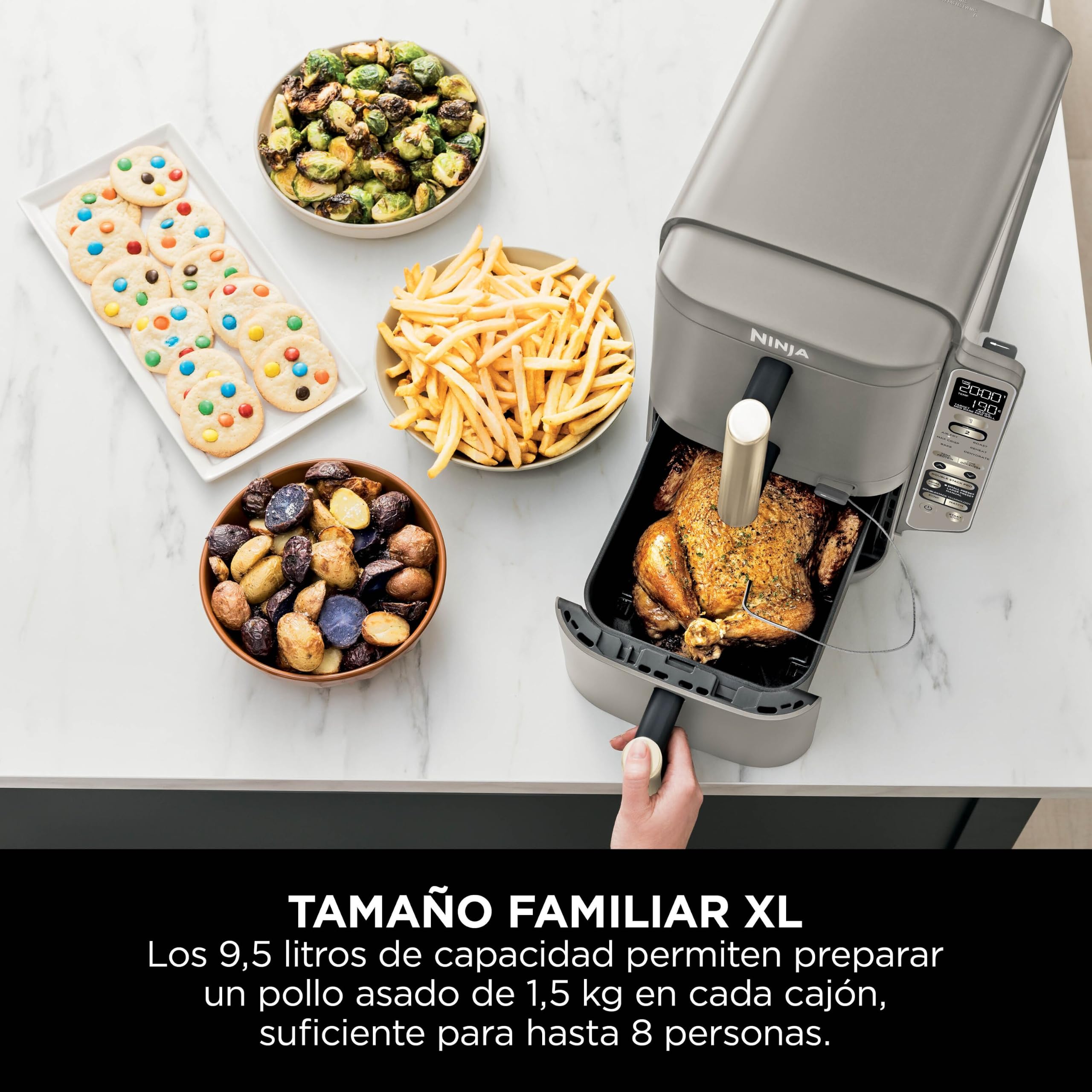 Ninja Double Stack XL, Freidora de Aire, 9,5L, Piedra Dorada, SL451EUSD | Freidora de Aire Vertical de Doble Cajón, 4 Niveles de Cocción, 2 Rejillas, con Sensor Digital de Cocción