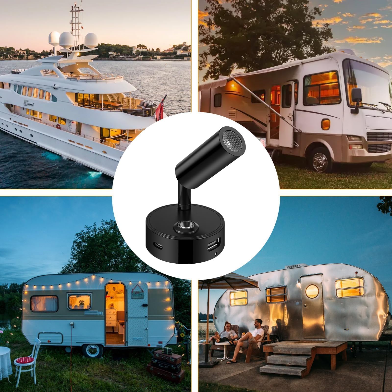 ERWEY 12V LED kamper lampa do czytania, lampa do sypialni ze złączami klimatyzacji USB, dotykowe tryby kontroli 3 kolorów i przyciemnialne kroki, lampa ścienna łodzi Camper Van Yacht, czarny