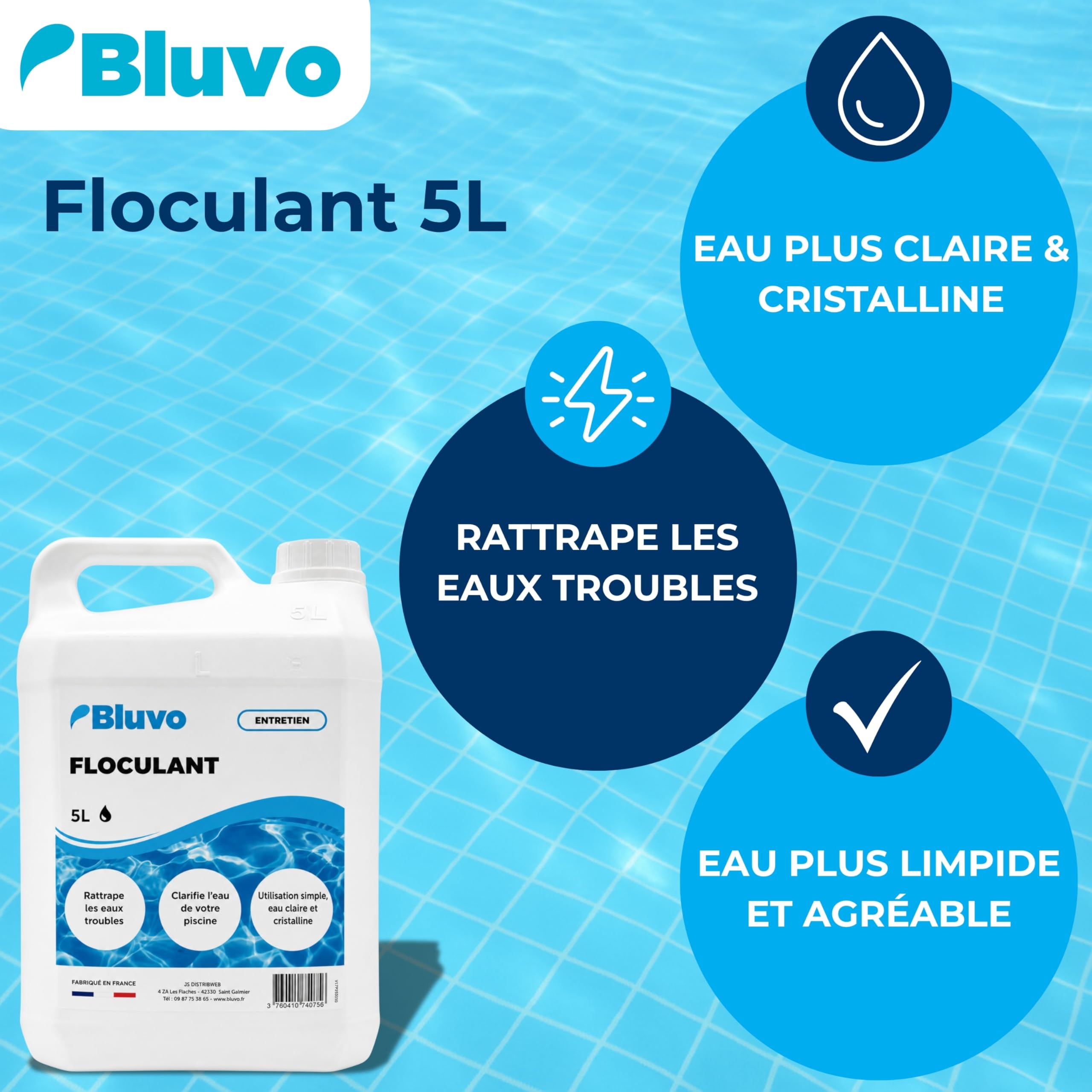 Bluvo Floculant Liquide Piscine 5L – Clarifiant pour Eau Trouble | Lutter Contre Les eaux Troubles | Produit pour Piscine | Fabriqué en France