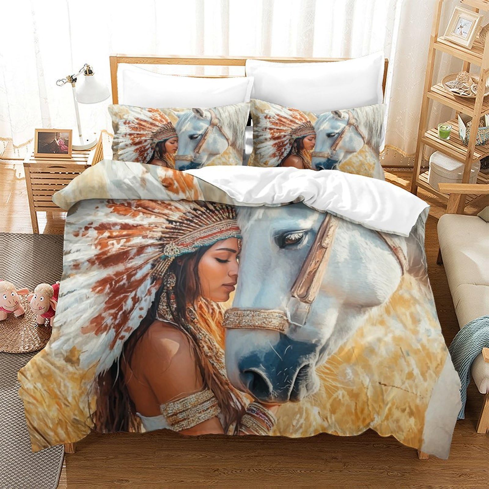 LILIlaobiao Native American Luxe Quilt Cover Set Hidden Zipper Duvet Cover Set with Pillowcases Mohican & Horse Bedding Set Soft Microfiber Comforter Cover Kids & Adults King（220x240cm）