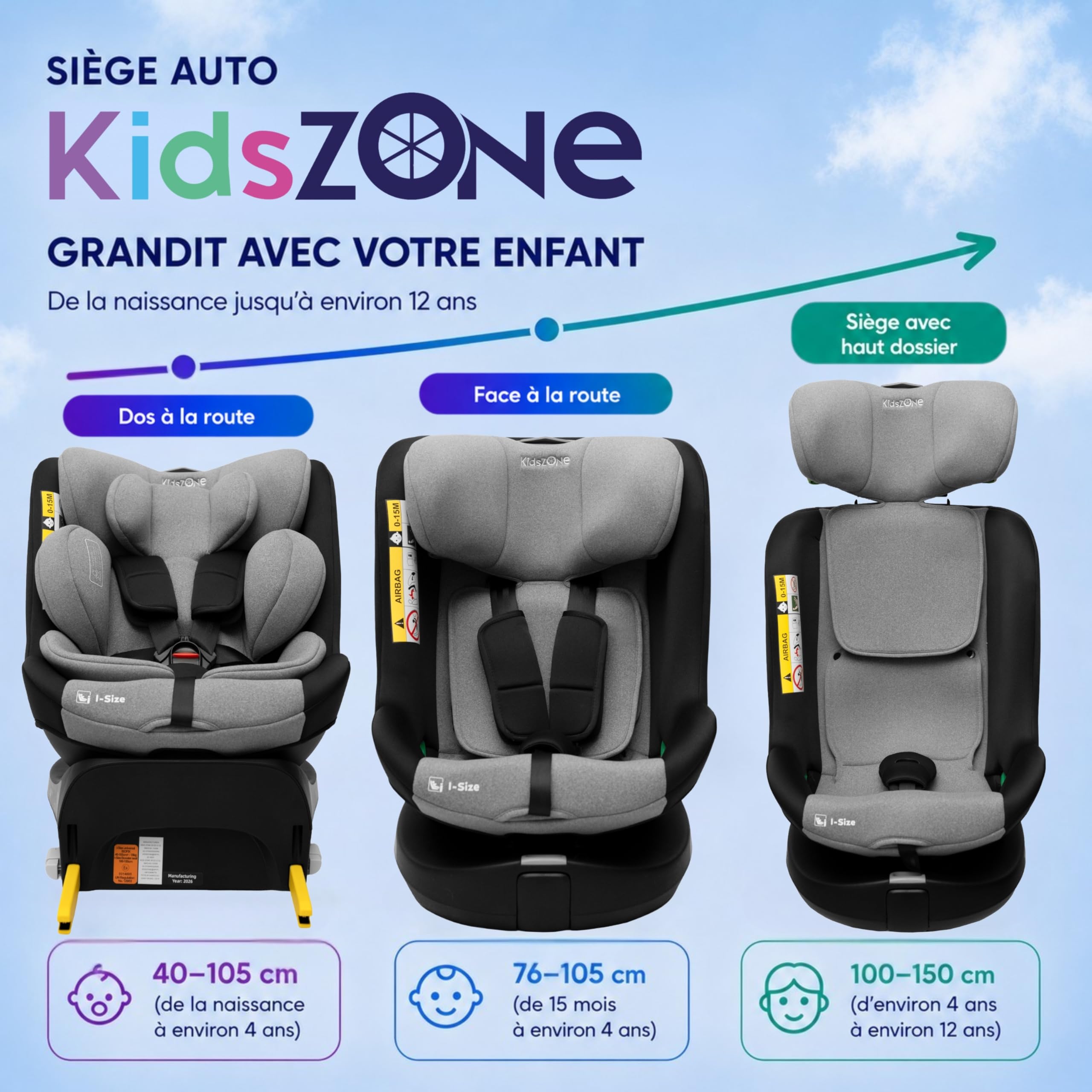 KidsZone i-Size Siège Auto Bébé 0 à 36kg, 0-12 Ans, 40-150 cm - Siege Auto Isofix 360 Pivotant avec Jambe de Force - 8 Positions Inclinaison, 12 Positions Appui-tête