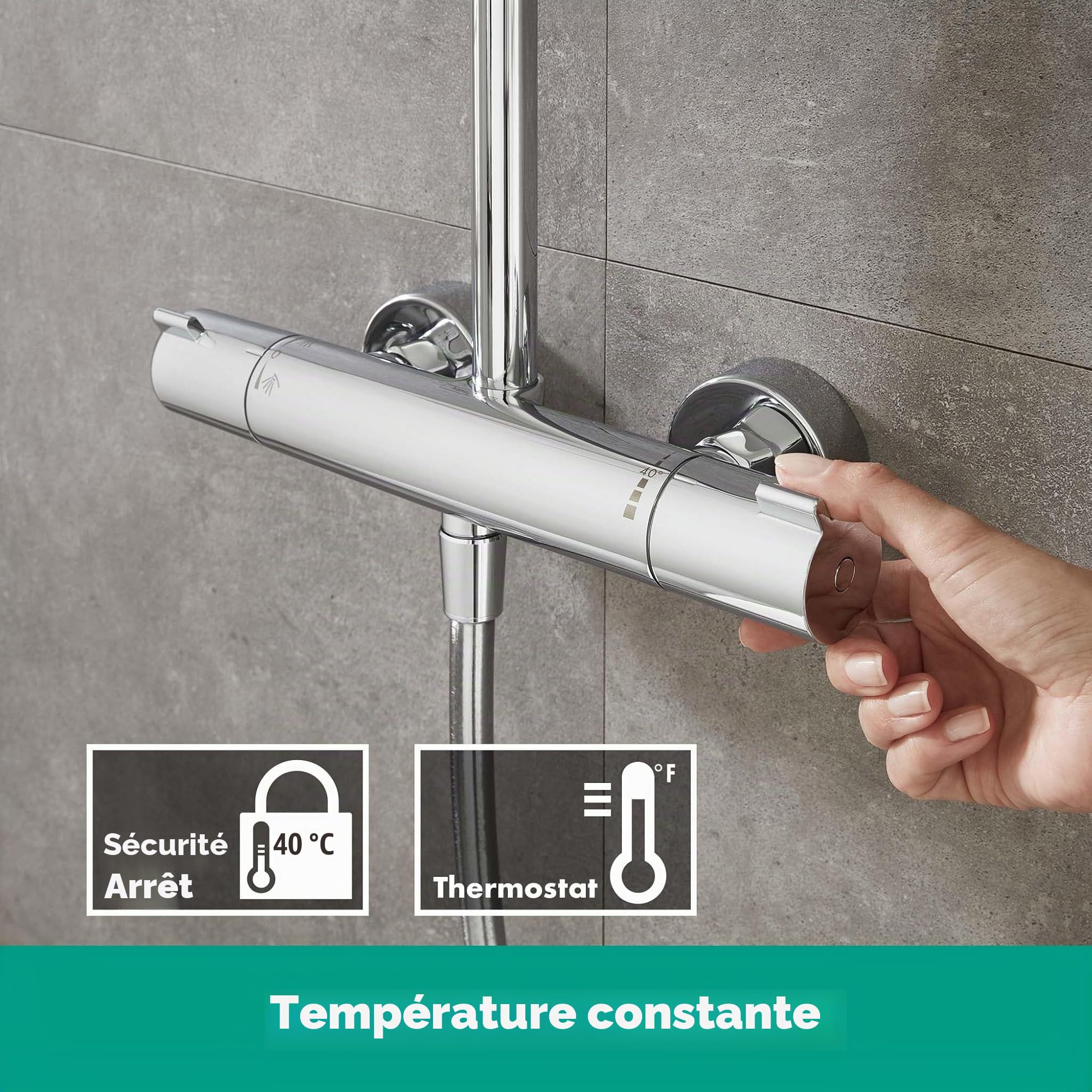 hansgrohe Crometta E - Colonne de douche économie d'eau (EcoSmart) avec mitigeur thermostatique, douche pluie (240 x 240mm), douchette, support, flexible, barre et douche de tête, Chromé, 27281000