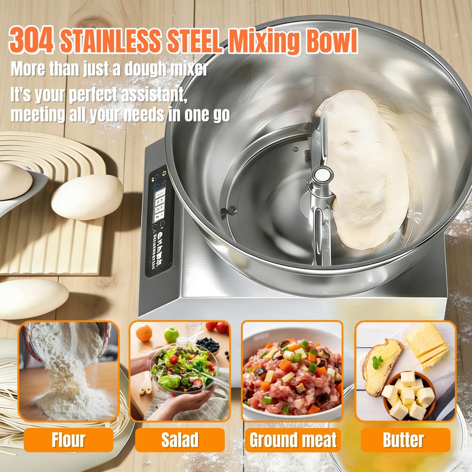 Impastatrice professionale 8 kg (18 lb), Macchina per impastare a doppia rotazione, Ciotola in acciaio inossidabile 304, Timer, Impastatrice a spirale elettrica per panificio e pizzeria 8kg(18lbs)