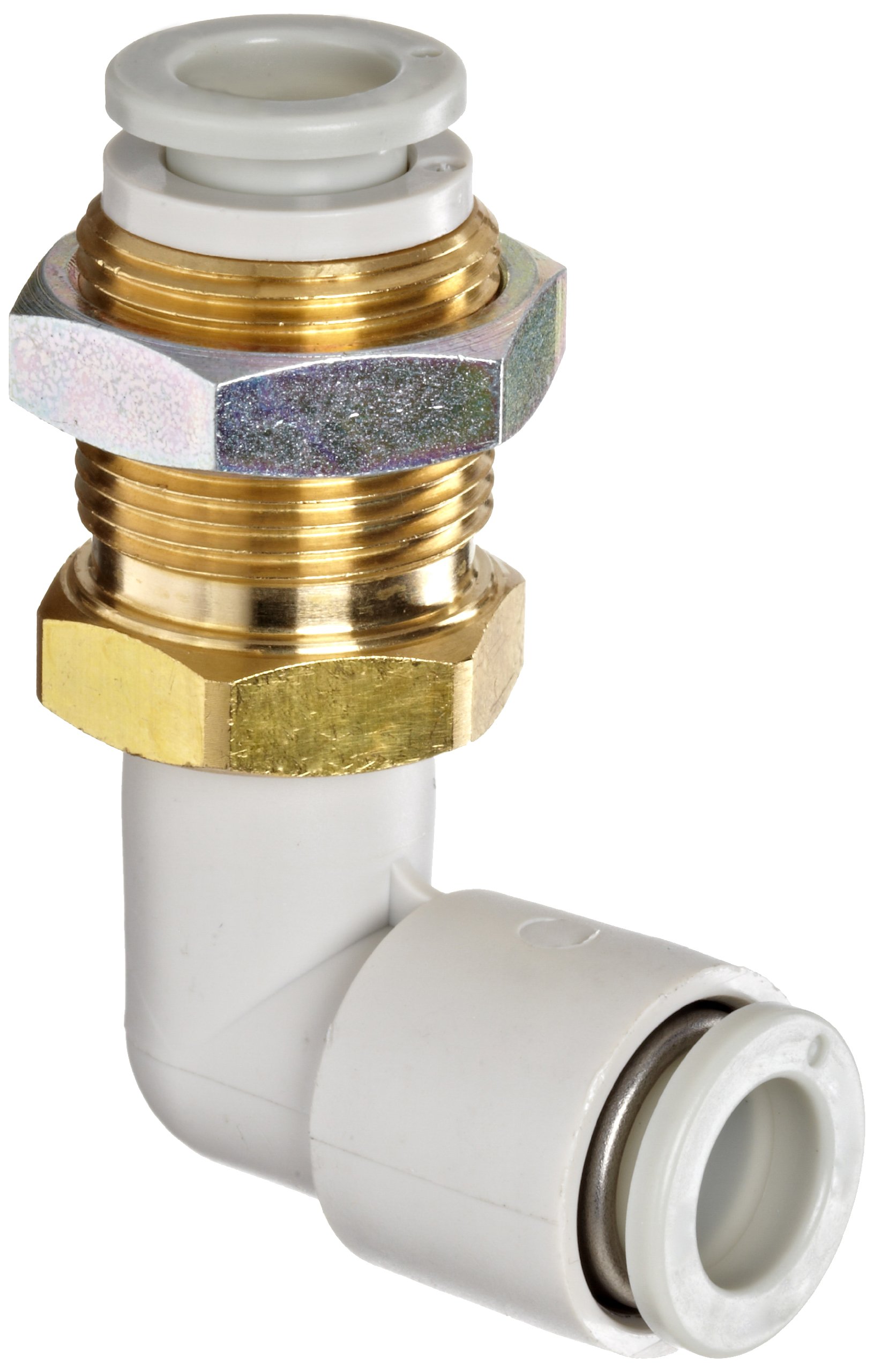 SMC KQ2LE10-00A PBT & Brass Push-to-Connect Tube Fitting, Bulkhead 90 Degree Elbow, 10 mm Tube OD x M20x1 Male