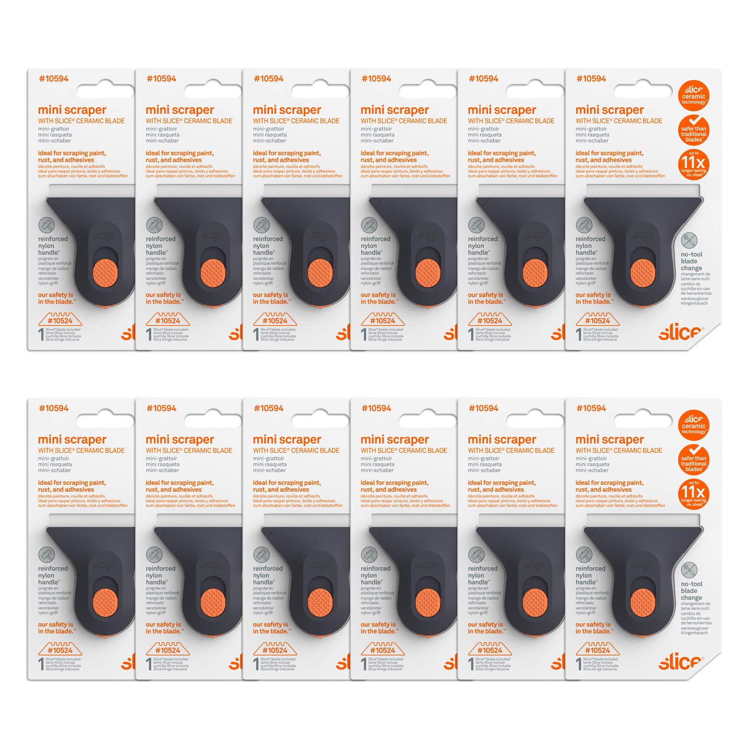 Slice 10594-CS Small Scraper, Ceramic Blade, Lasts 11x Longer Than Metal, Finger Friendly, Never Rusts, No Strain on Thumb or Hand, Blade Locks in Position, Compact Size, Left or Right Hand, 12 Pack