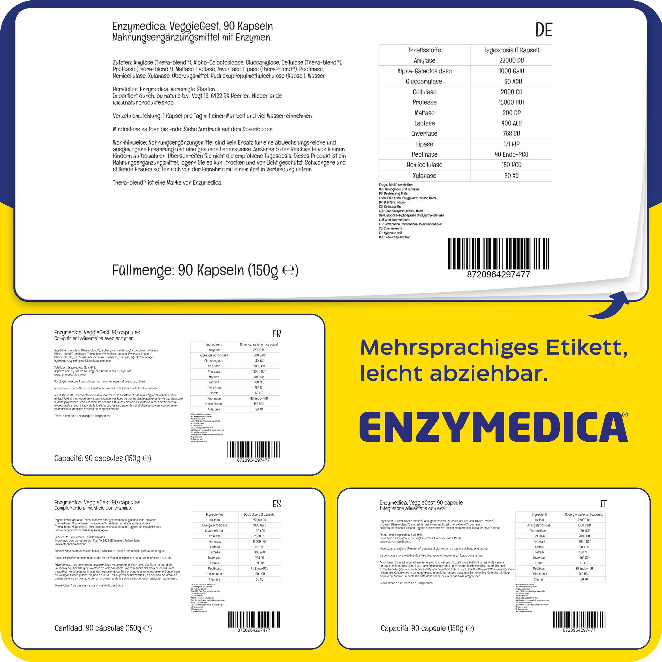 Enzymedica, VeggieGest, 90 vegane Kapseln, 22.000DU Amylase & 15.000HUT Protease je Dosis, Glutenfrei, Sojafrei, GMO frei, Geschmacksneutral
