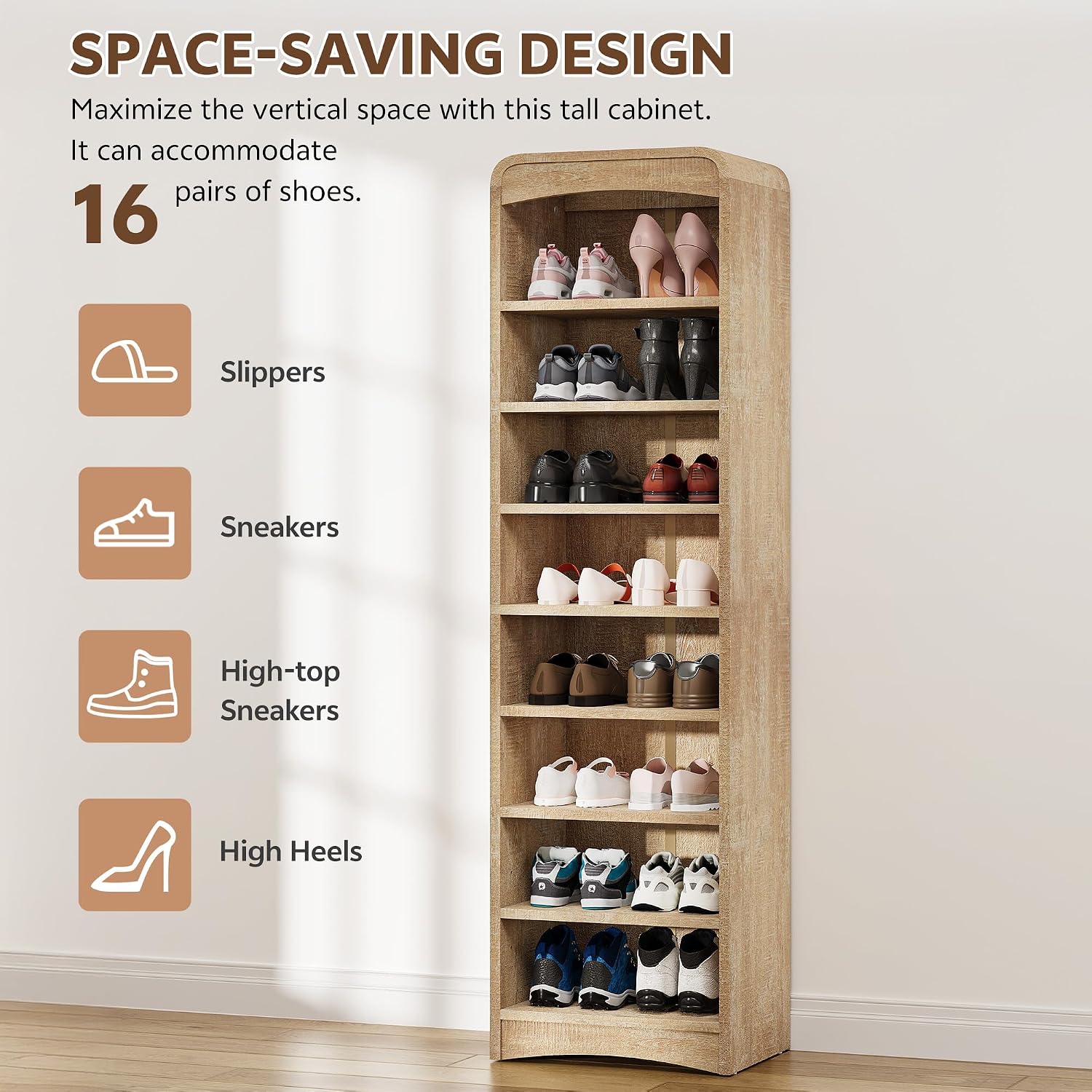 Tall Shoe Cabinet, 8 Tiers 16 Pairs Wooden Shoe Rack with Adjustable Shelf, Freestanding Shoe Closet Shoes Organizer Cabinet for Entryway, Hallway, Living Room, Natural