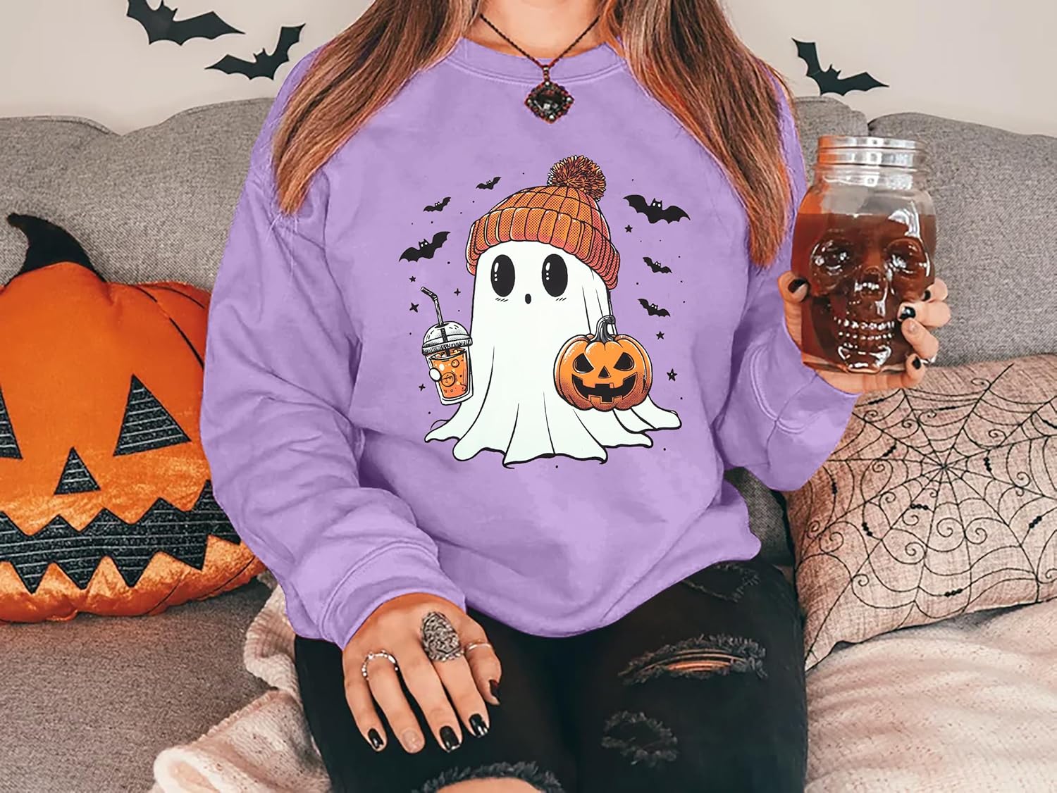 ASTANFY Halloween Sweatshirts for Women Ghost Pumpkin Long Sleeve Shirt Coffee Lover Graphic Tees Fall Spooky Pullover Tops - Image 3