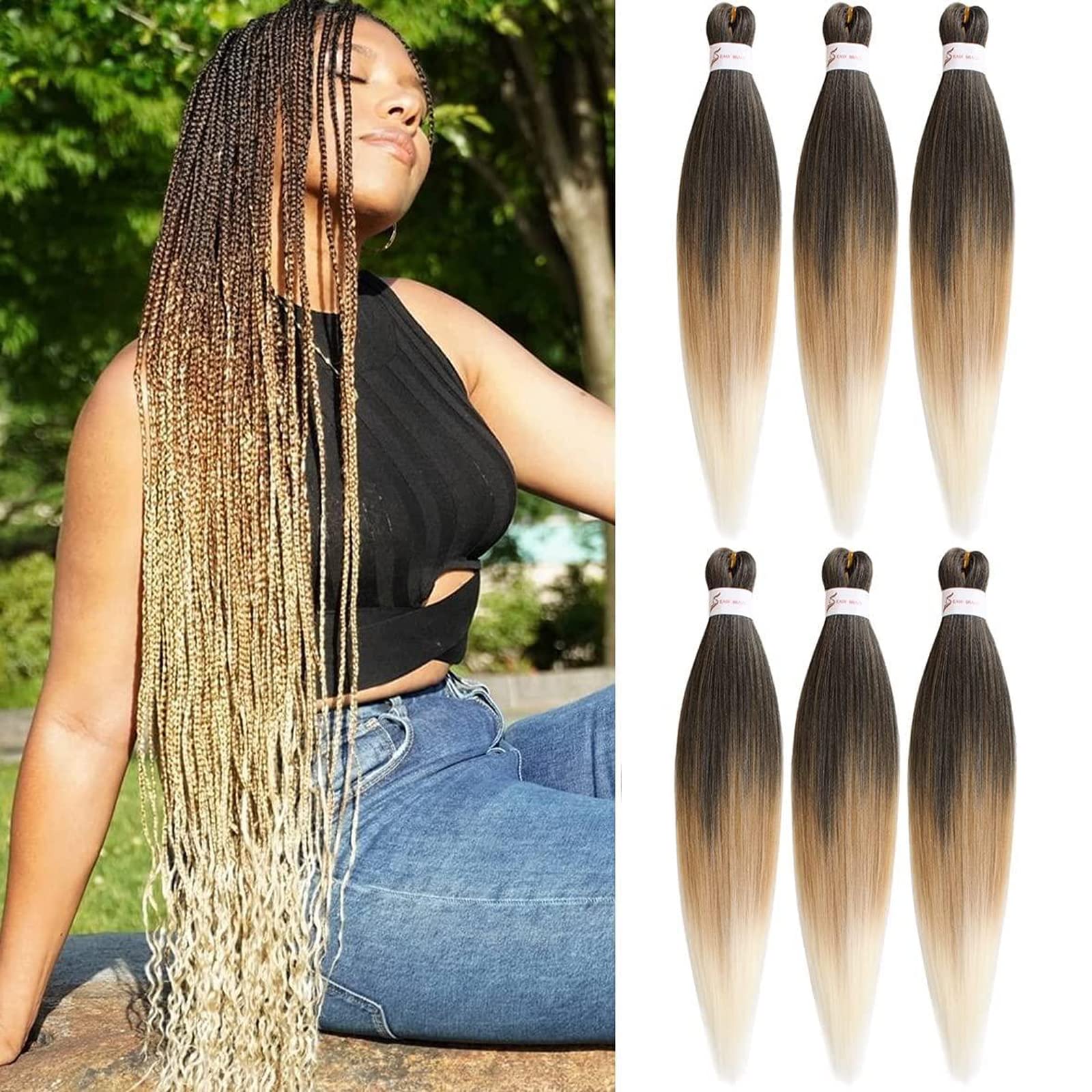 Sponsored Ad – Pre Stretched Braiding Hair, 6 Pack golden Braided Hair extension 26 inches Synthetic EZ Braid Hot Water Styling Braid Yaki Texture Pre-stretched Hair for Braiding Braids 1B/27/613