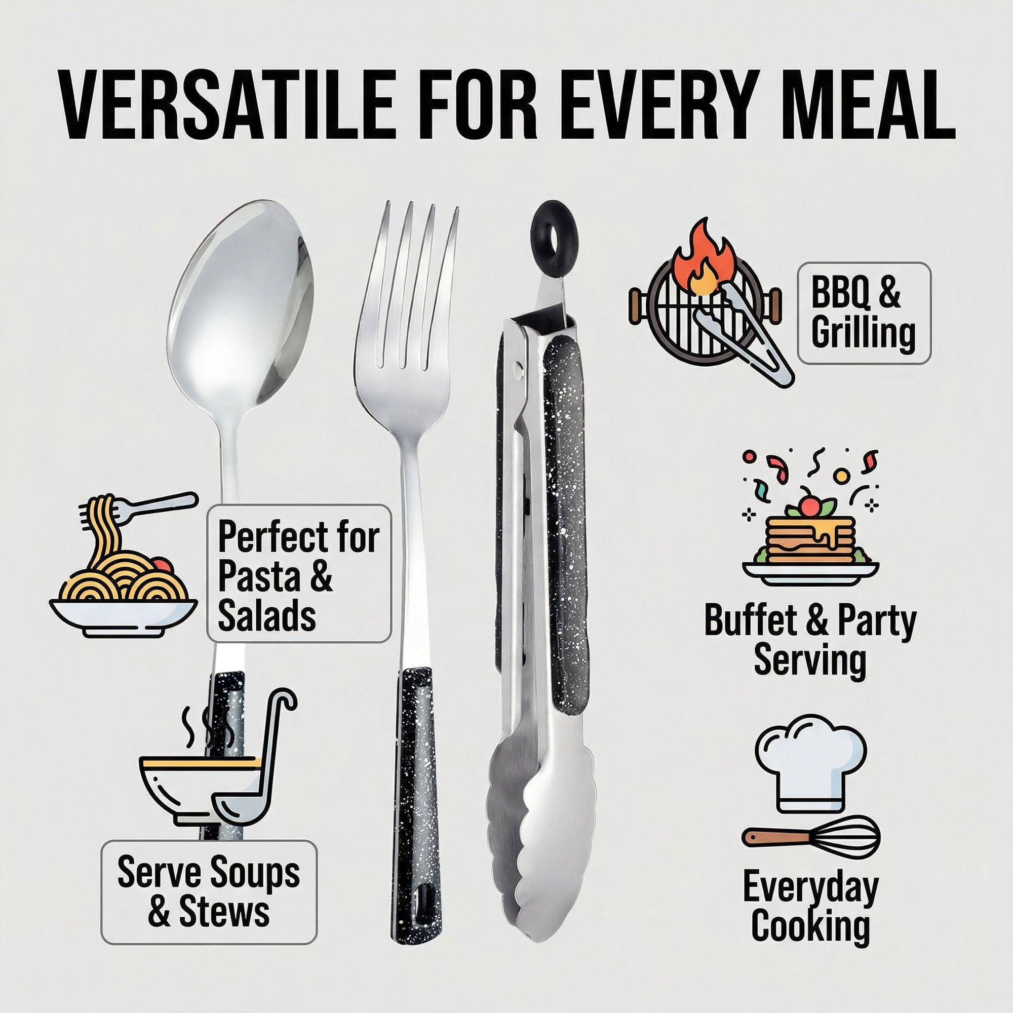 Utensilios de servir de metal de acero inoxidable: juego de cucharas para servir, cucharas ranuradas y pinzas para servir. Tenedor de servir, servidor de pasteles