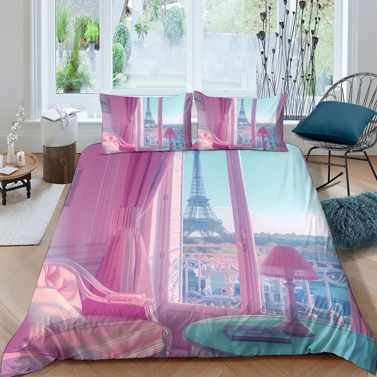 Ctjqhvkz Style-4 3D Printed Pink Paris View Fitted Sheet Microfiber Soft Bed Cover For Adult Teen Bedroom Dorm Decor Single（135X200cm）