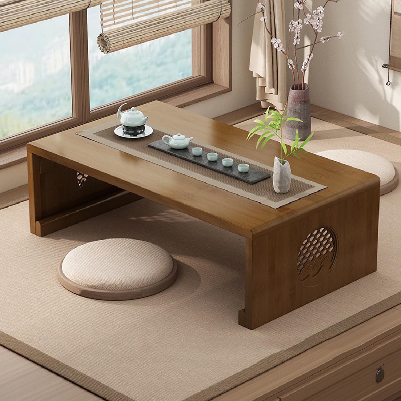ADORZ Bamboo Tea Floor Table Japanese Foldable Coffee Table Altar Table for Meditation Low Portable Collapsable Tatami Table for Living Room, Dining Room, Home Decoration