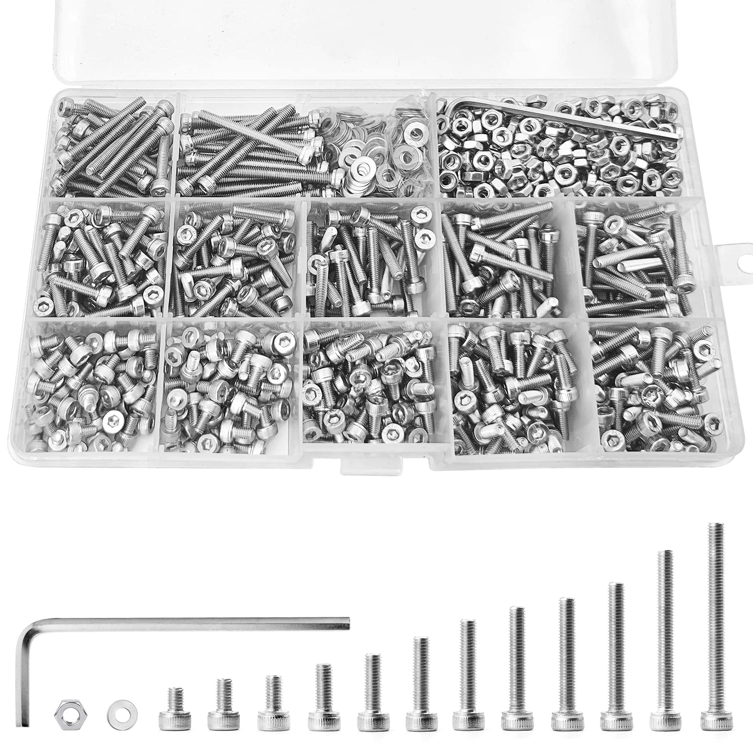 1310PCS M3 x 4/5/6/8/10/12/14/16/18/20/25/30mm Hex Socket Head Cap Screws Bolts and Nuts Flat Washers Assortment Kit, 304 Stainless Steel, Metric Machine Fully Thread, Allen Hex Drive