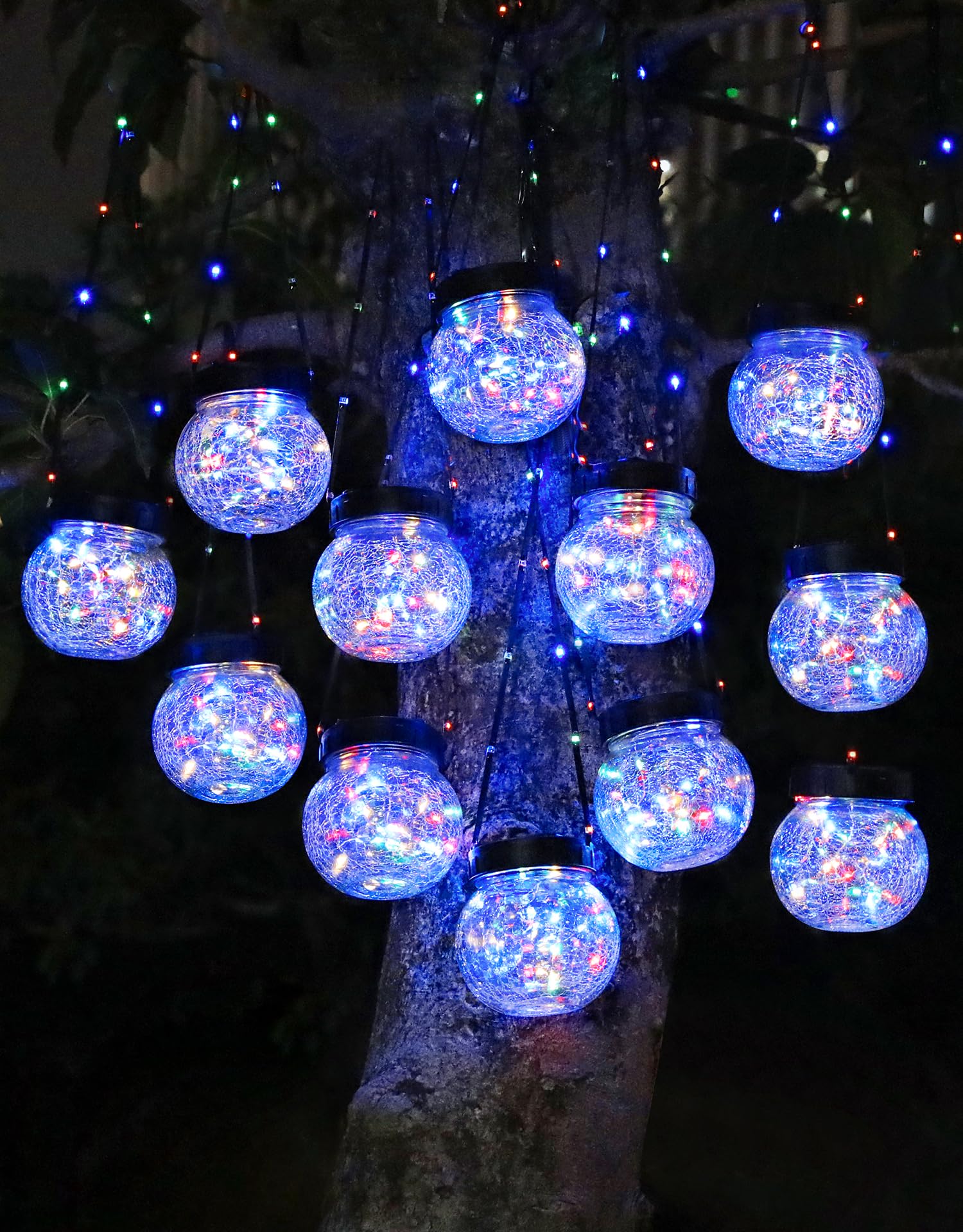 PARTPHONER Luces solares impermeables para exteriores, paquete de 12, farol colgante de vidrio agrietado para decoración de patio, decoración de Navidad, gancho de pastor, adornos de árbol de jardín