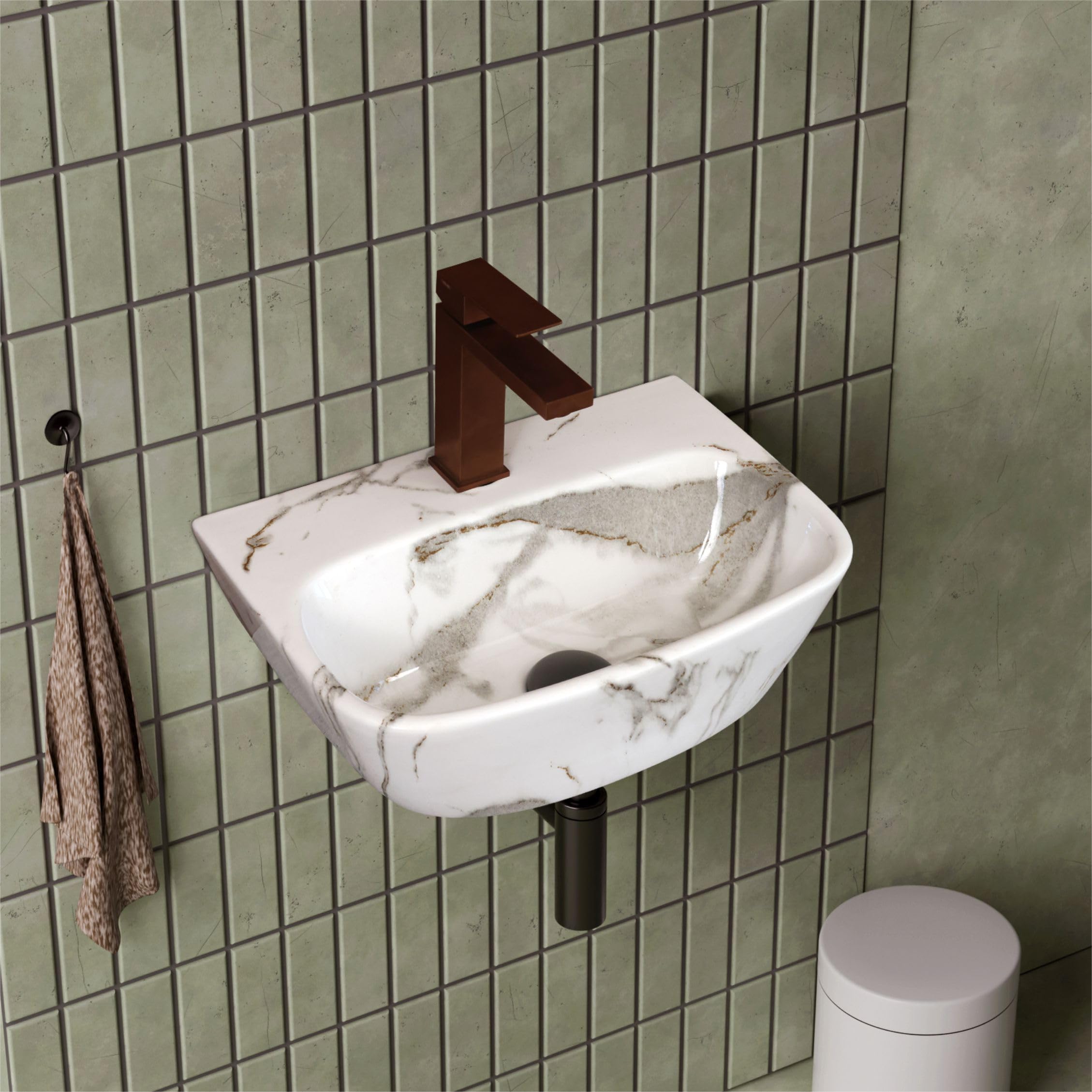 HISRE Wall Mount Wash Basin 17 x 12 x 5 Inch | White Grey Marble Finish Ceramic Sink | Modern Rectangular Bathroom Basin for Home, Office, and Hotels, photo 1 of 5