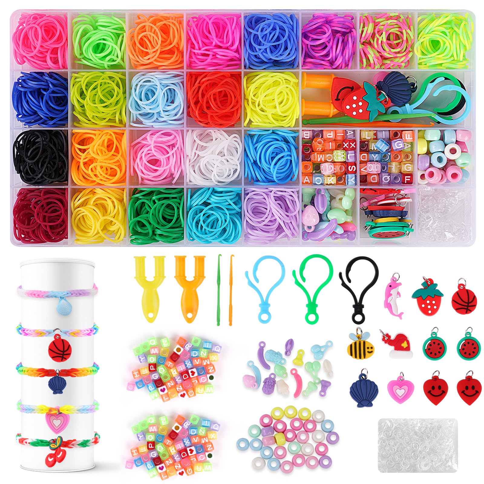 AUAUY 1700+ Colorful Loom Rubber Bands Kit, 23 Colors Loom Bands with Bead Pendants S-Clips Accessories, DIY Refill Bracelet Making Craft Kits for Kids Christmas Gifts Birthday Party(32 Grids)