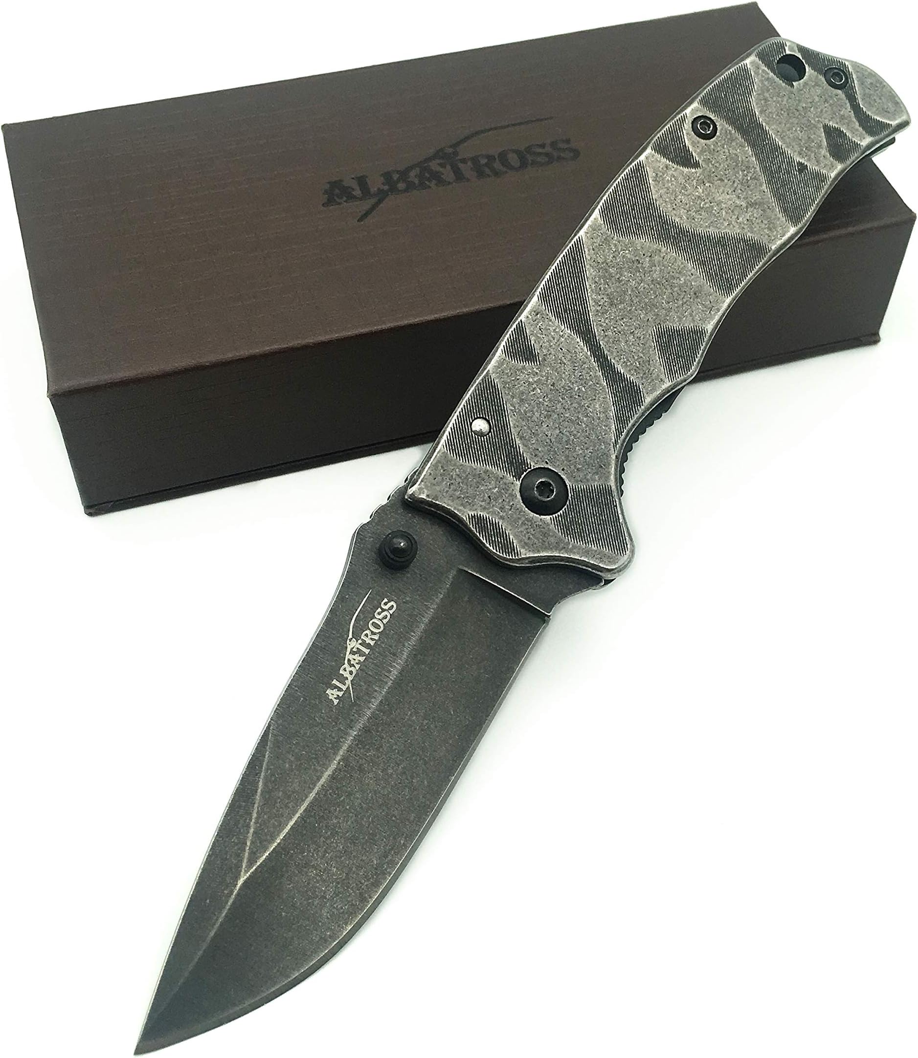 ALBATROSS Retro Gray Washed 440C Stainless Steel Camping Folding Pocket Knife with Liner Lock - 7.15" Overall - Gifts Box (FK014)