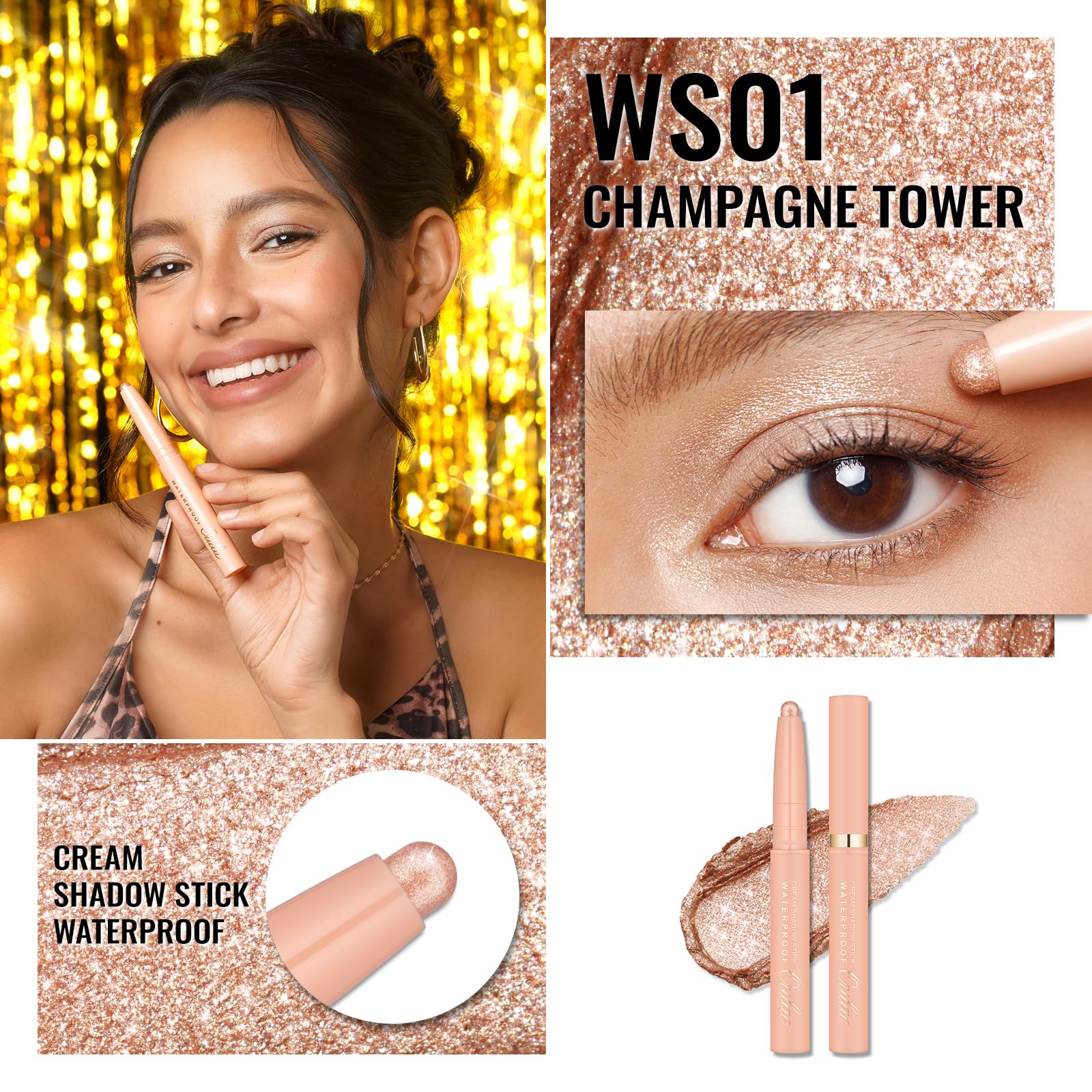 Oulac Champagne Eyeshadow Pencil - Long-Lasting Creamy Blendable Texture, Vegan & Cruelty-Free Eye Makeup, 1.25g, WS01Champagne Tower - Image 2