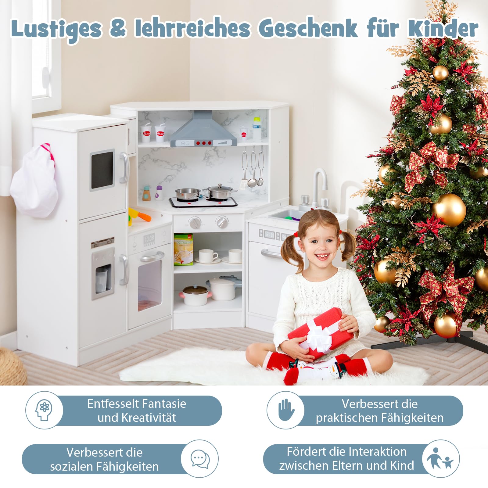 DREAMADE Kinderküche aus Holz mit 16 TLG. Spielzubehör, Kinder Küche Eckküche mit Tafel Herd Spüle Backofen, Spielküche mit Licht und Sound für Kinder Mädchen ab 3 Jahren(Weiß)
