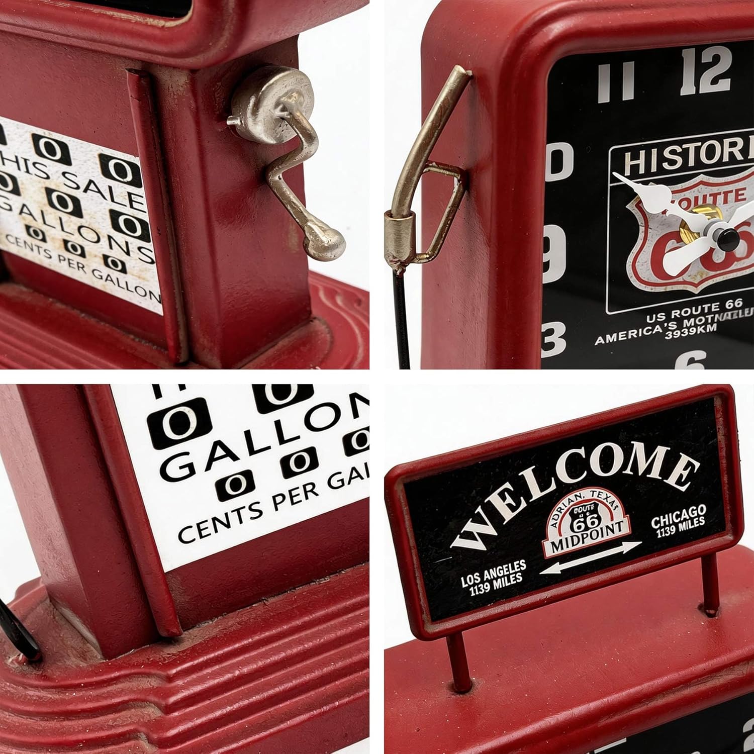 Vintage Steampunk Industrial Red Metal Gas Station Style Desk Clock, Retro Table Clock for Home Bar Cafe Decor