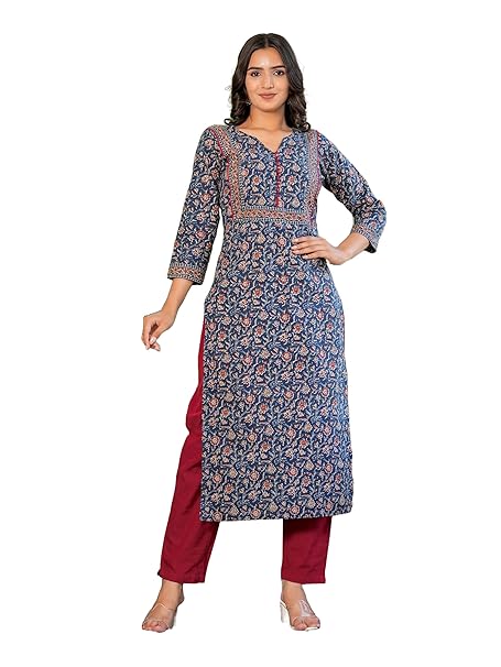 Vbuyz Women'S Floral Printed Straight Cotton Blue Stiched Kurta | Kurtas For Women | Kurtis