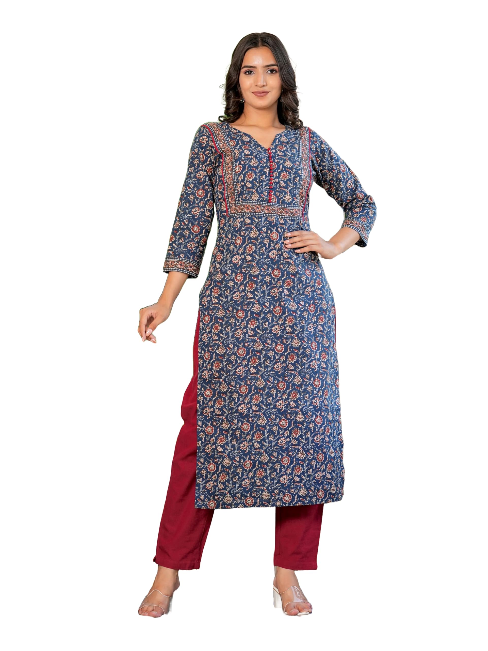 vbuyz Women'S Floral Printed Straight Cotton Blue Stiched Kurta | Kurtas For Women | Kurtis-picture-19