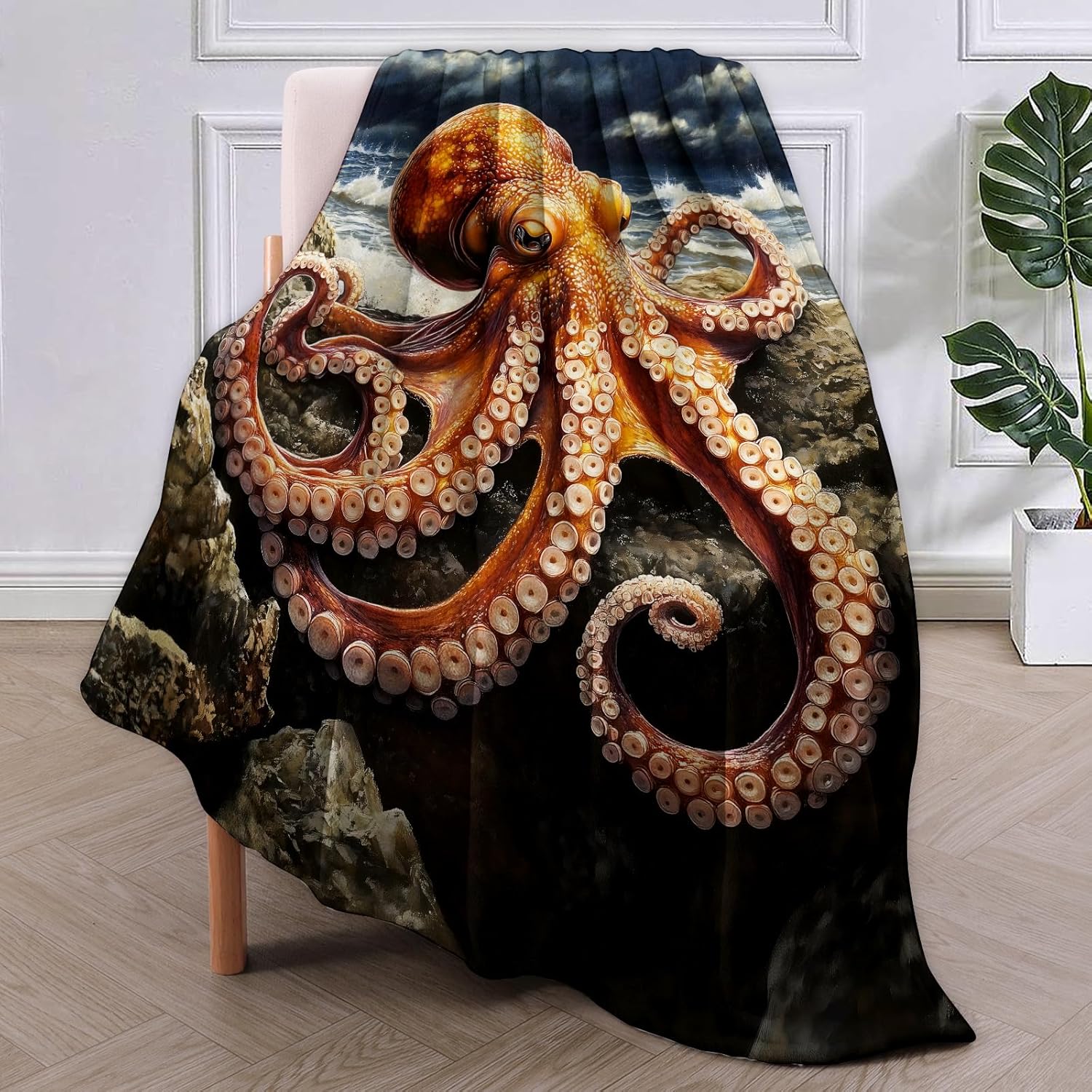 Octopus Blanket Gifts for Women, Realistic Octopus on Rocky Shore Flannel Blanket, Soft Warm Lightweight Throw Blankets for Bed Couch Home Travel Ocean Decor 40" x 50"
