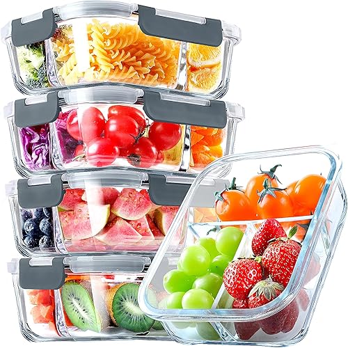 VERONES Paquete de 5 recipientes de vidrio para preparación de comidas, juego de 3 compartimentos, recipientes herméticos de vidrio para almuerzo de