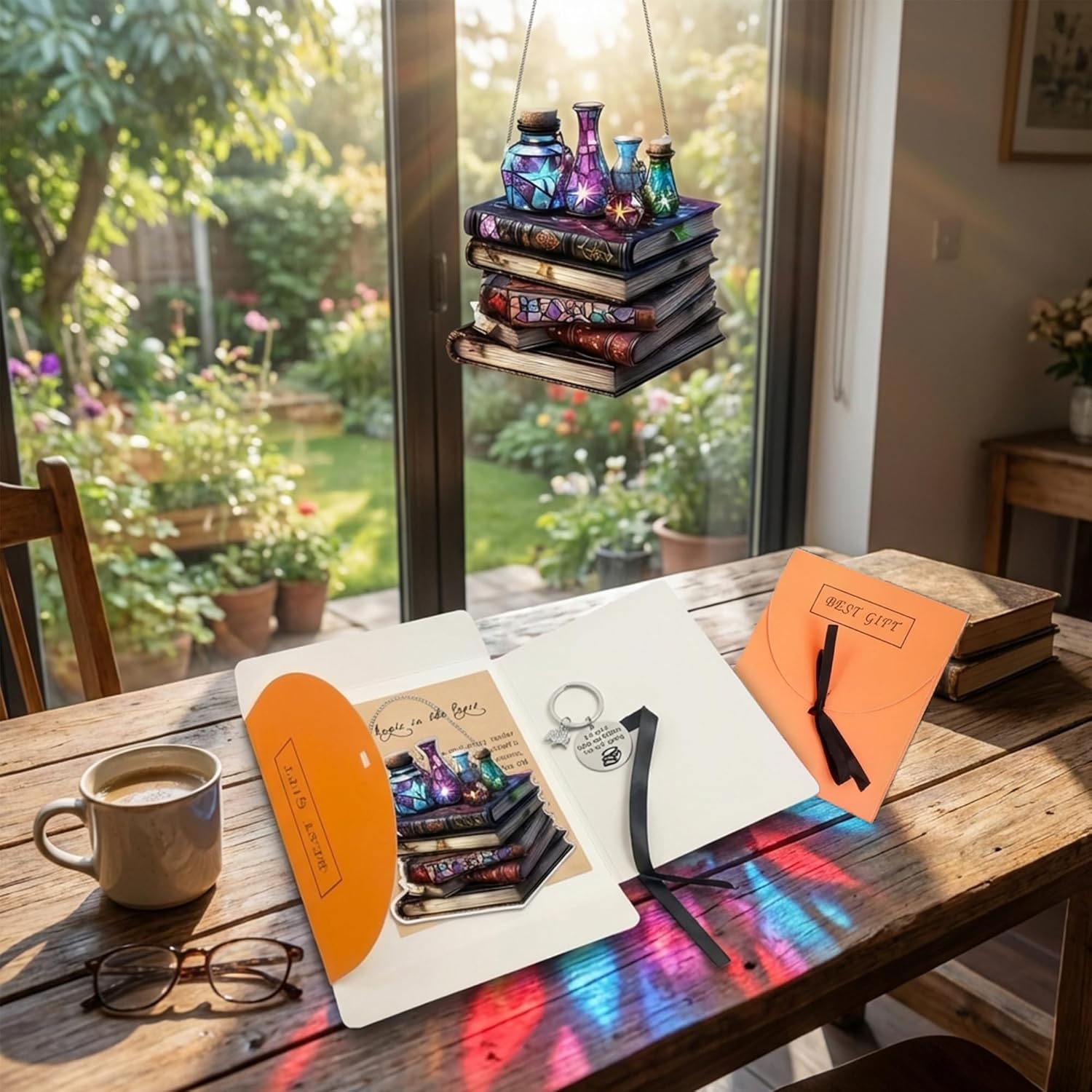 Book & Potion Suncatcher, Fantasy Book Acrylic Ornament for Book Lovers, Faux Stained Glass Window Hanging, Unique Gifts for Women Readers, Book Decor and Accessories (Book) - Image 2