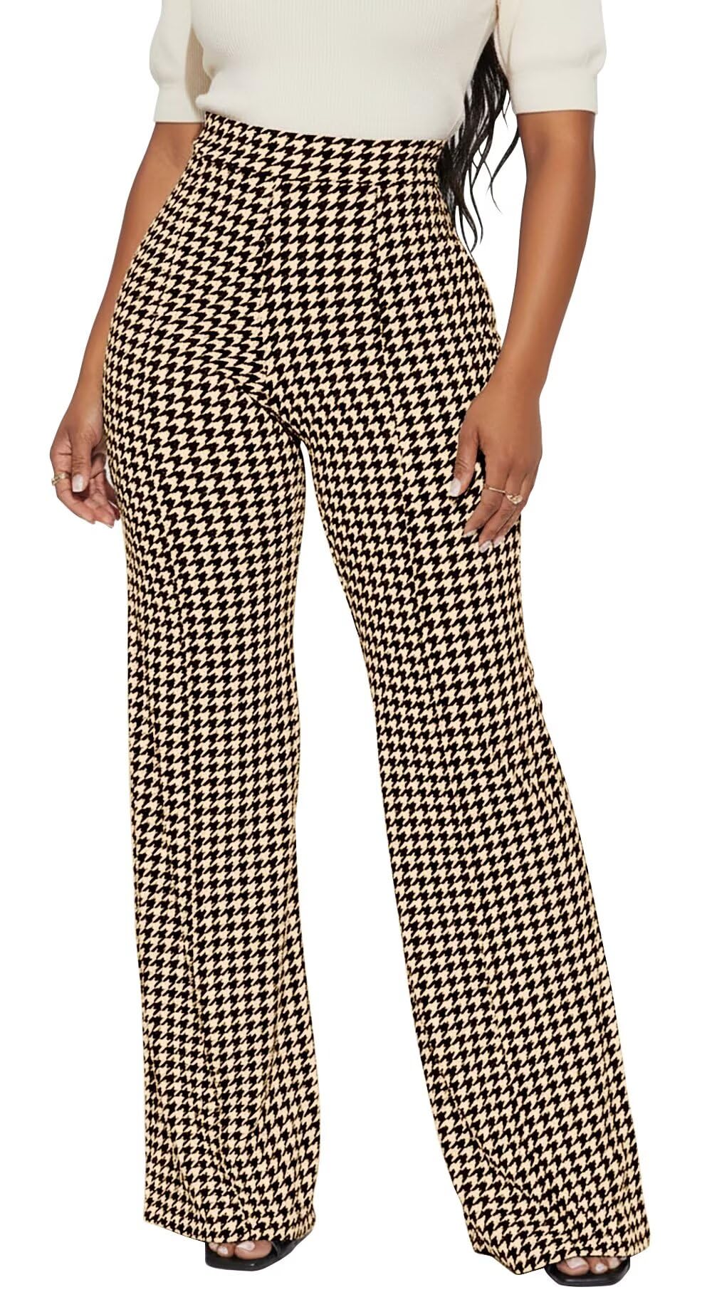 Womens Plaid Pants Elastic High Waisted Wide Leg Pants for Women Fashion Casual Trousers