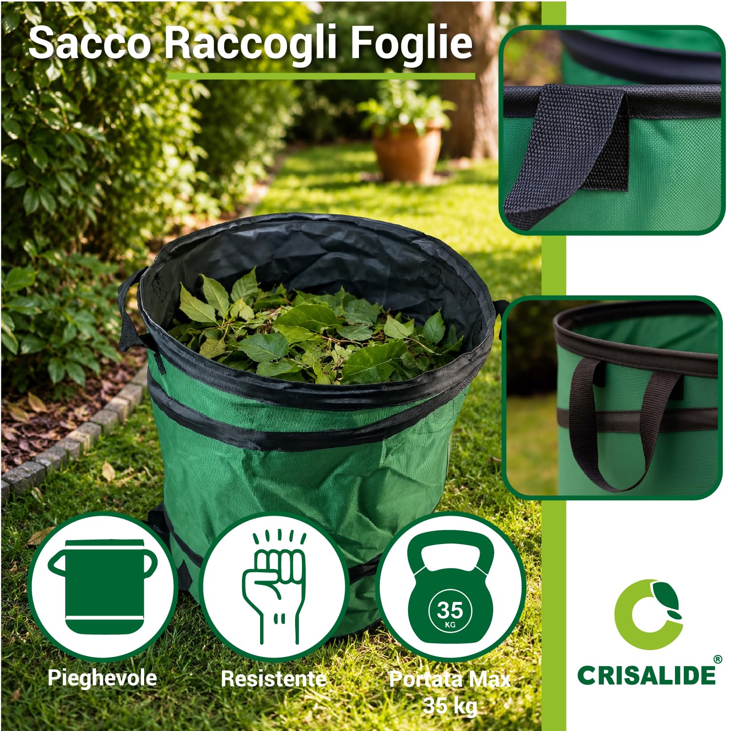 Crisalide® Kit de limpieza de jardín con saco recogedor de hojas de 80 l, rastrillo de 22 dientes ajustable con mango de 150 cm y guantes, juego para hojas, hierba, poda y residuos de exterior
