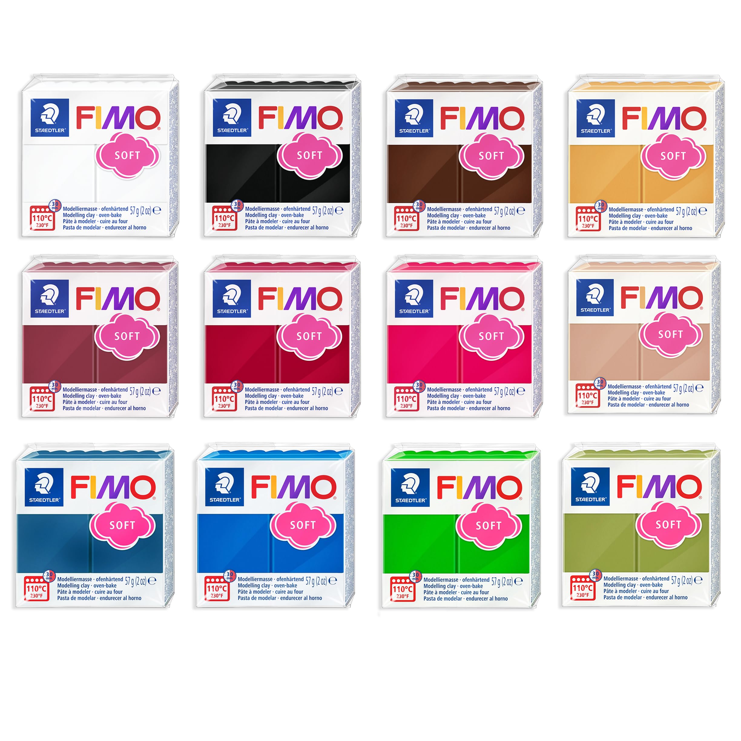 FIMO Soft Polymer Oven Bake Modelling Clay - 12 x 57g - Essential Colours - Pack of 12