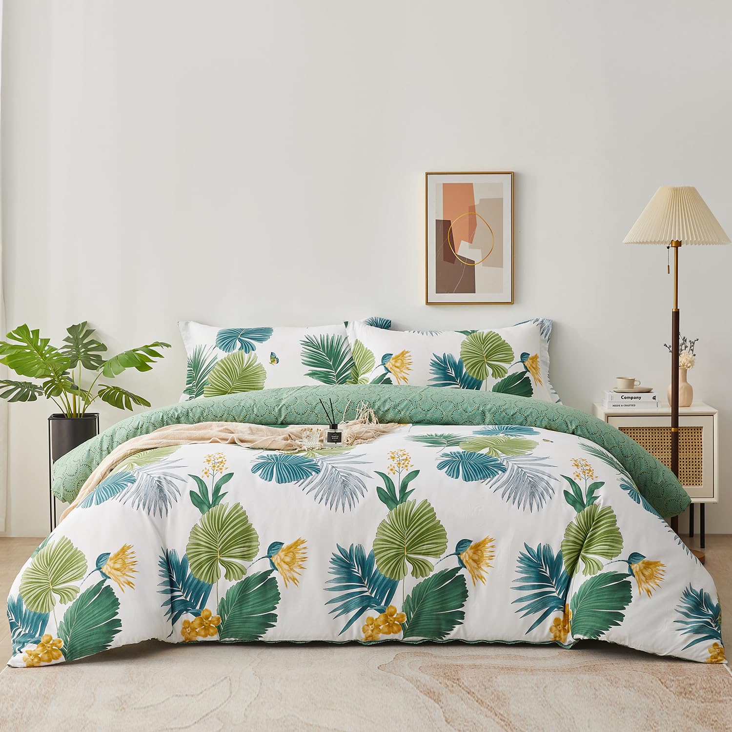 SAPHREAS Tropical Palm Leaves Full Size Duvet Cover Set 3pcs Botanical Monstera Leaf Bedding Comforter Cover Set 1 Duvet Cover 2 Pillow Shams, Comforter Not Included