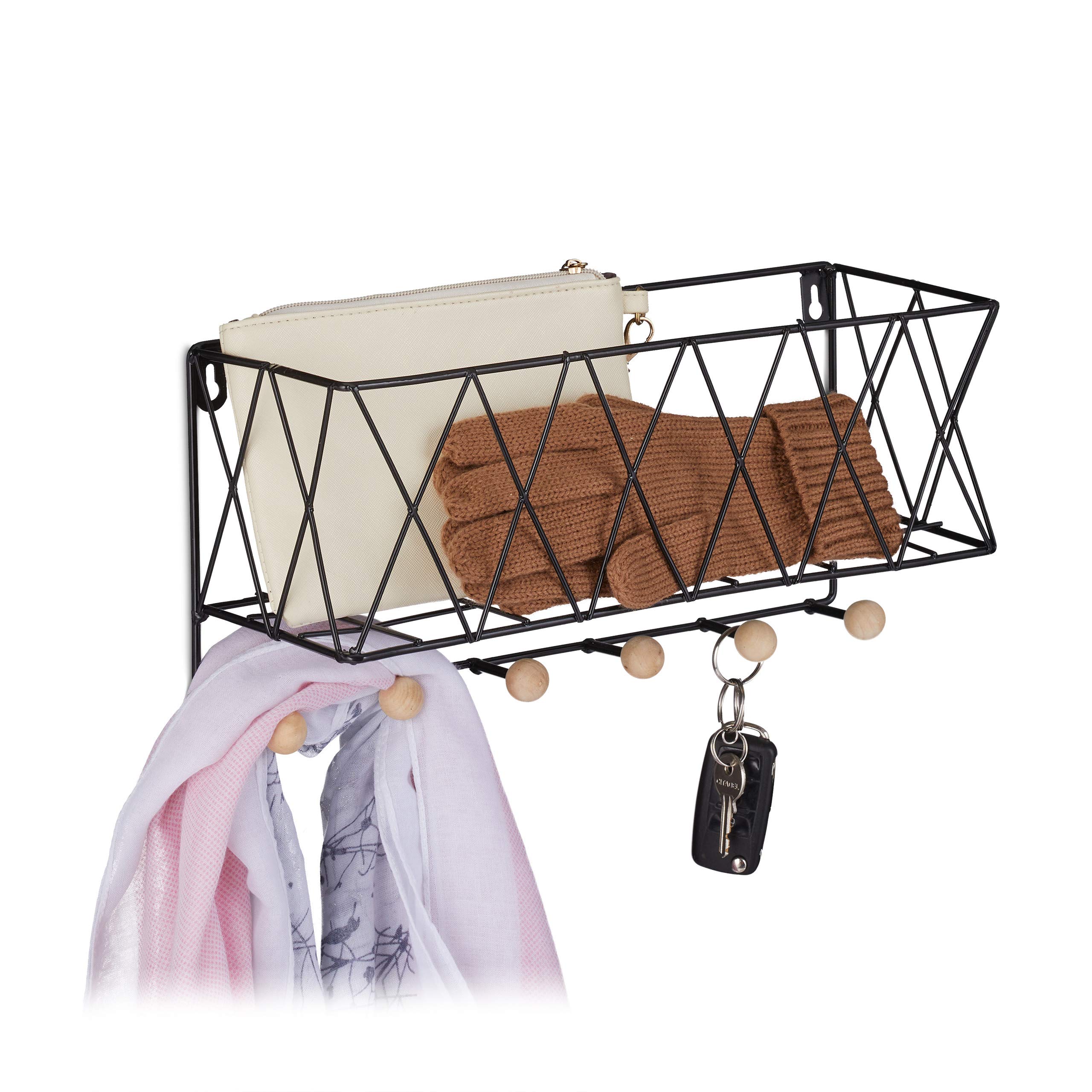 Etagère murale avec portemanteaux métal bois noir design grille