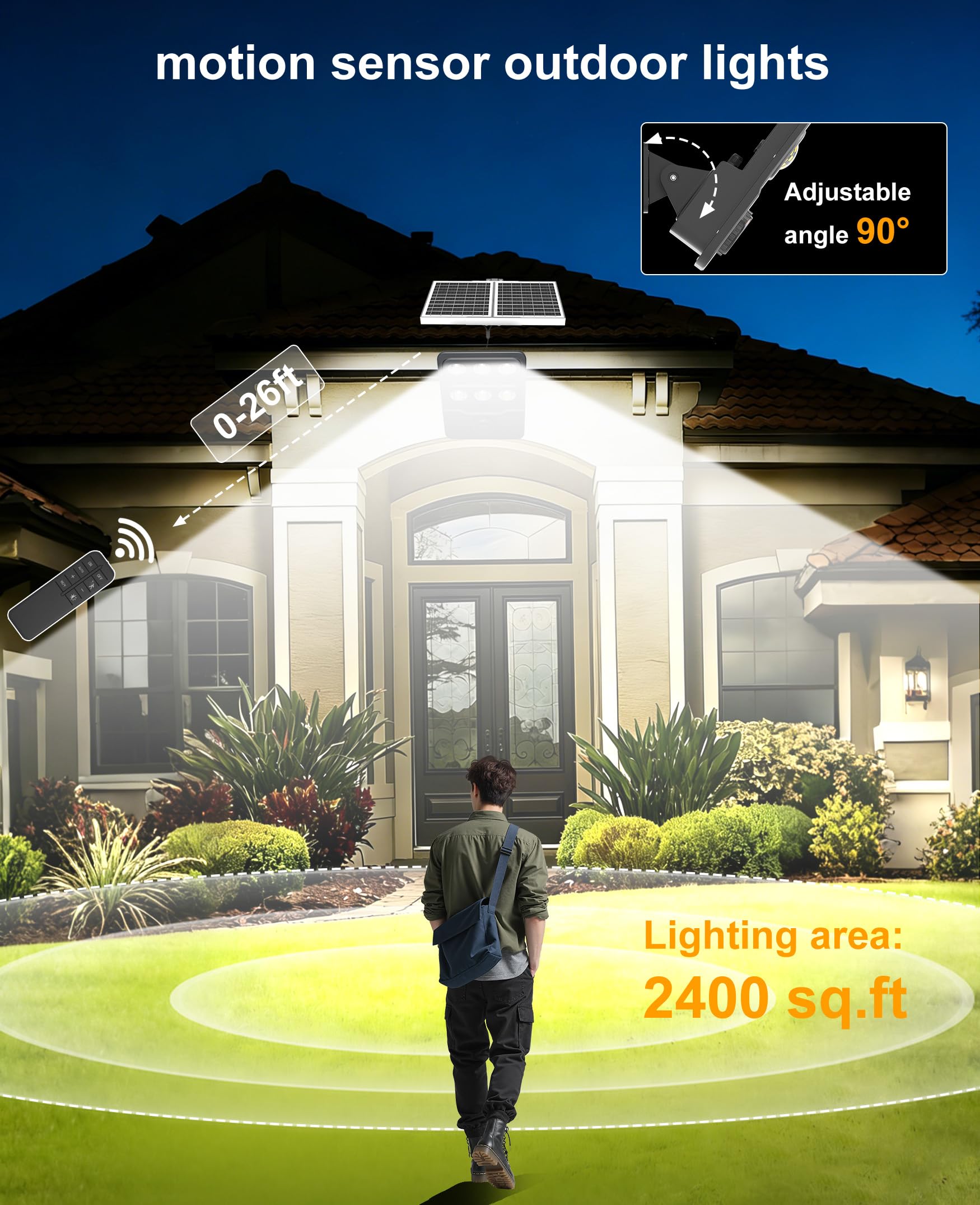 JAYNLT Solar Straßenlaterne für Außen, 3000K/4000K/6500K LED Solar Strahler mit Bewegungsmelder und Fernbedienung, IP67 Solarlampe Flutlicht für Garten Garage Hof Parkplatz, 1 Set